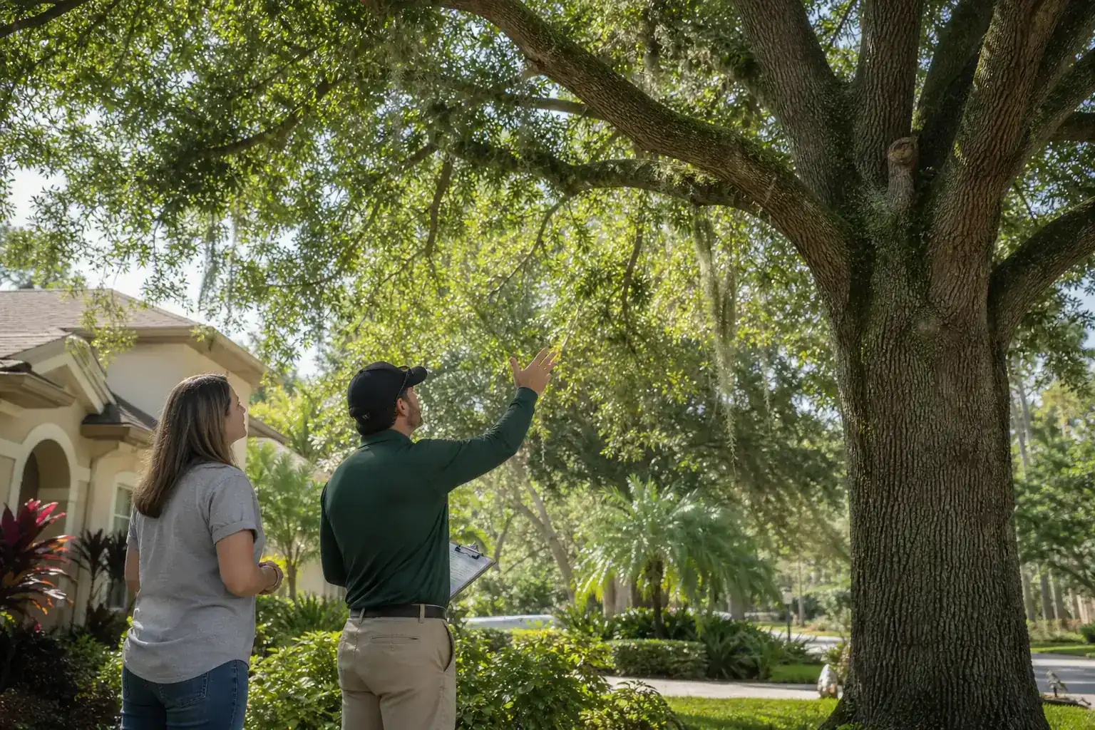 Homeowner and tree care professional discussing a Florida tree illustrating understanding tree removal needs in daytona beach