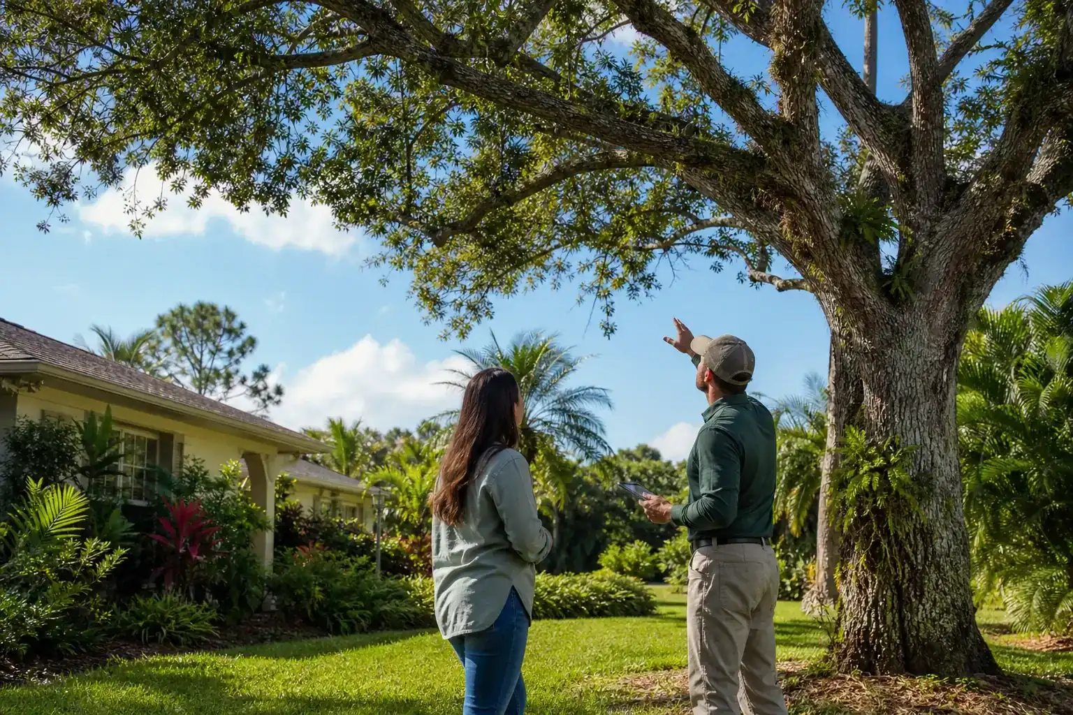 Homeowner and tree care professional discussing a Florida tree for affordable tree services in daytona beach fl
