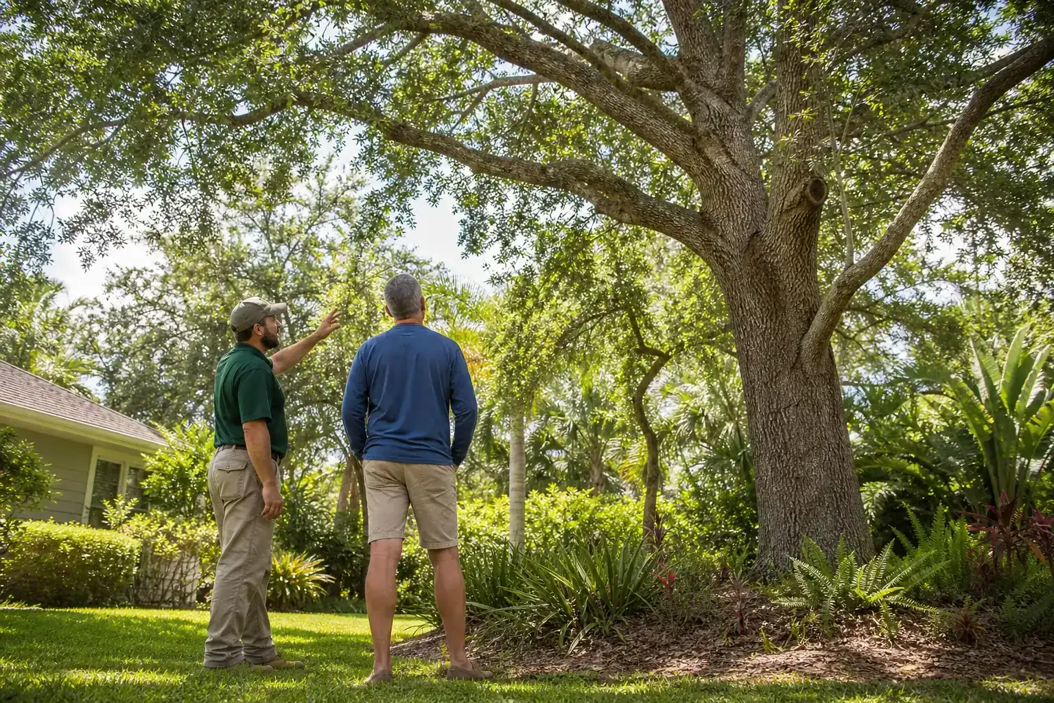 Homeowner and tree care professional discussing a Florida tree during a discussion of key benefits of professional tree services in daytona beach, fl