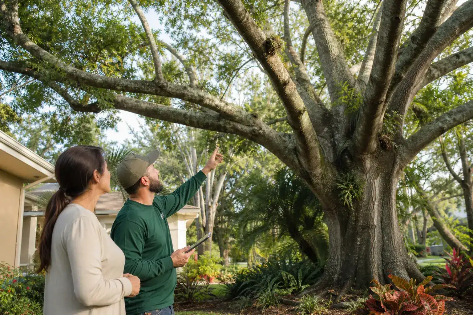 Homeowner and tree care professional discussing a Florida tree illustrating understanding tree service needs in daytona beach, fl