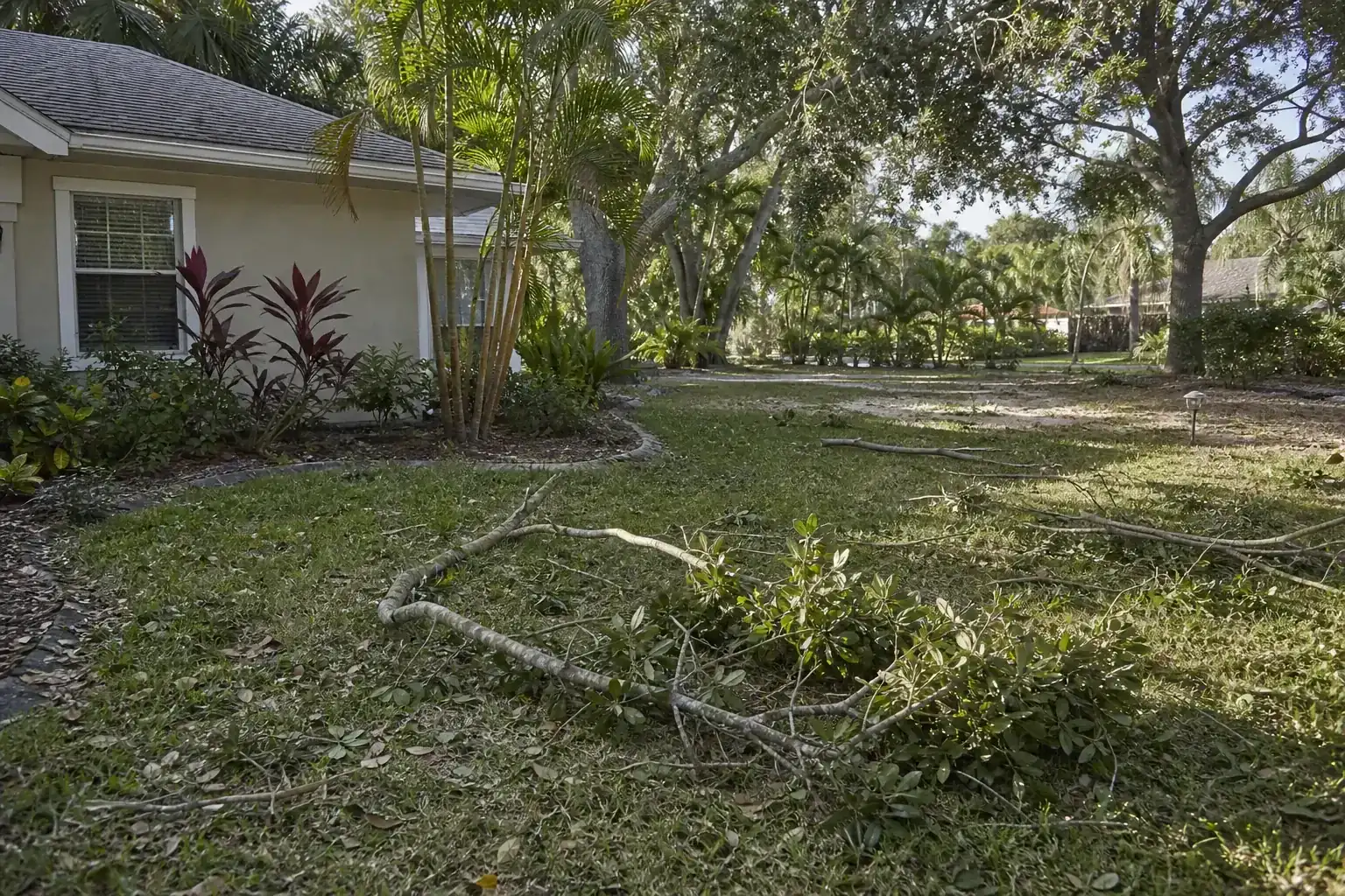 Storm-damaged branches beside a Florida home during a discussion of immediate actions for storm-affected trees in central fl