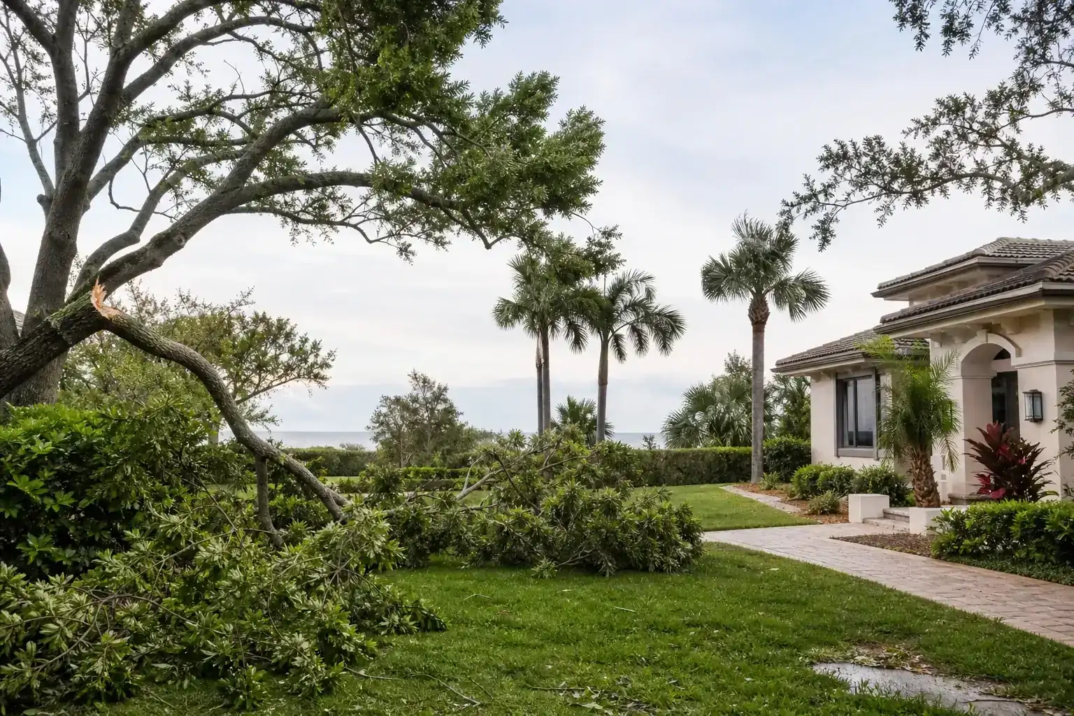 Storm-damaged branches beside a Florida home for arborist inspection for storm damaged trees in ormond beach