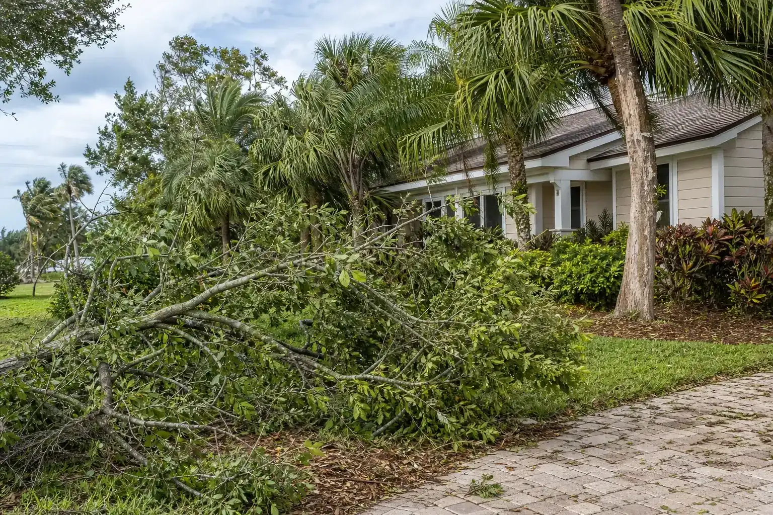 Storm-damaged branches beside a Florida home illustrating understanding storm damage to trees in ormond beach