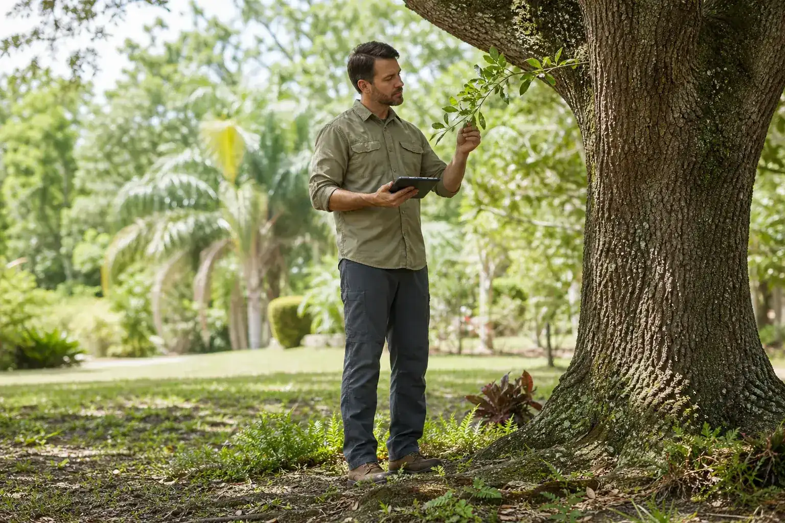 Tree care professional inspecting a mature shade tree for using an arborist report in a neighbor tree dispute Tree care professional inspecting a mature shade tree for using an arborist report in a neighbor tree dispute