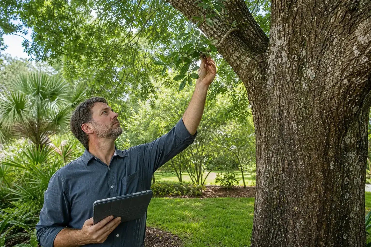 Tree care professional inspecting a mature shade tree illustrating what an arborist report can document Tree care professional inspecting a mature shade tree illustrating what an arborist report can document