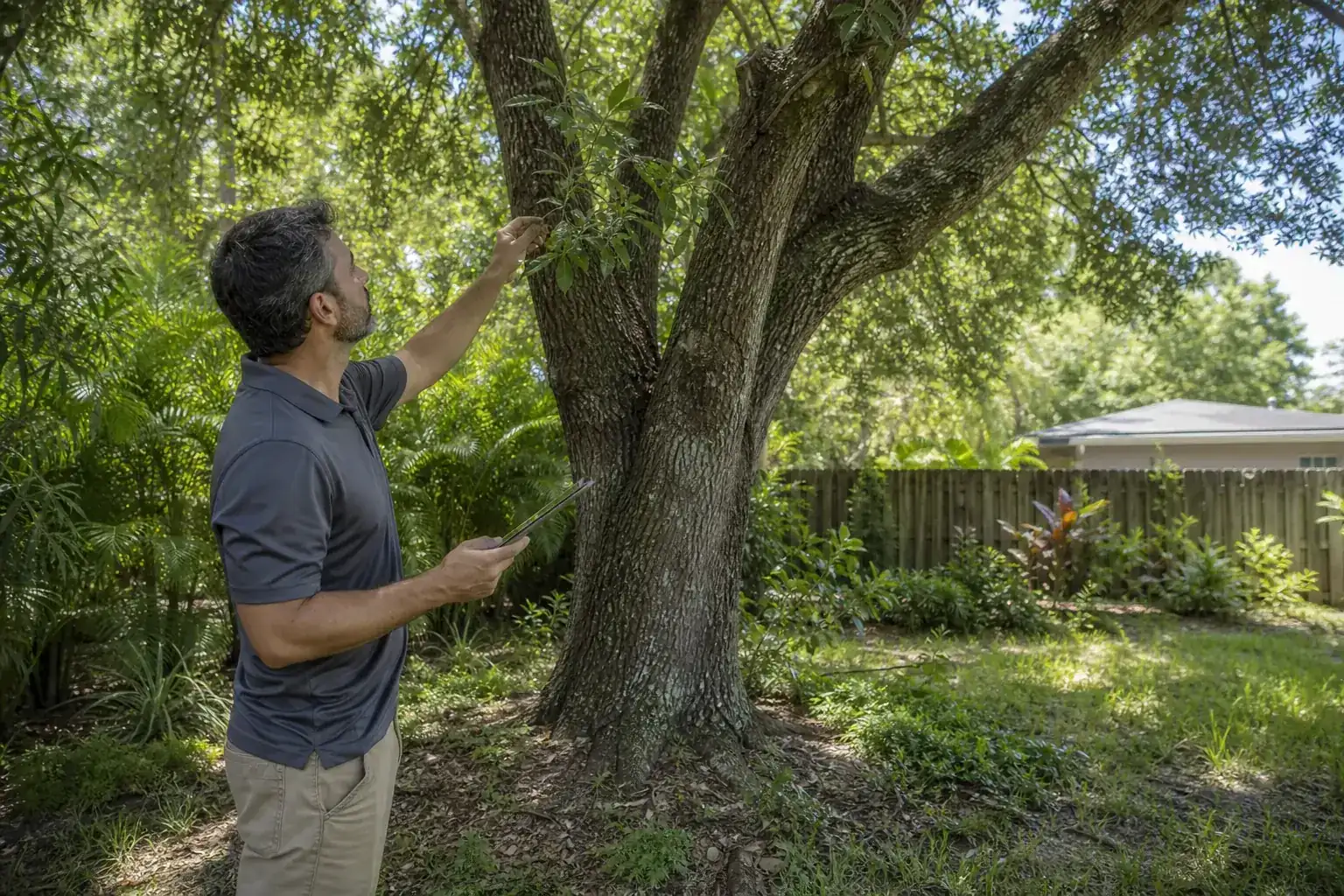 Tree care professional inspecting a mature shade tree during a discussion of when a tree inspection may help a neighbor dispute Tree care professional inspecting a mature shade tree during a discussion of when a tree inspection may help a neighbor dispute