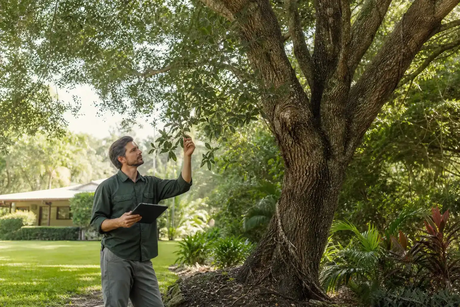 Tree care professional inspecting a mature shade tree during a discussion of key benefits of arborist reports in planning in daytona beach, fl