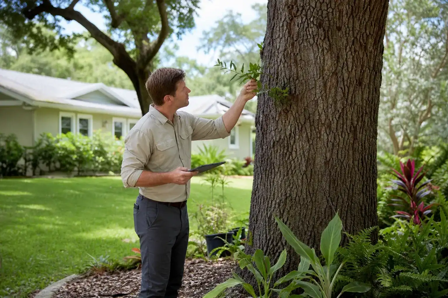 Tree care professional inspecting a mature shade tree during a discussion of what is an arborist report? Tree care professional inspecting a mature shade tree during a discussion of what is an arborist report?