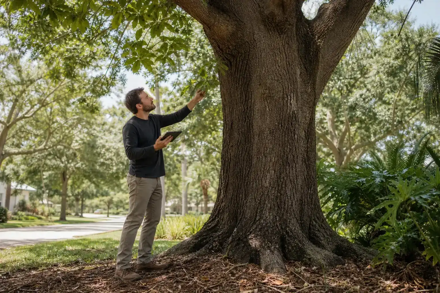 Tree care professional inspecting a mature shade tree for arborist reports ormond beach, fl for city permits