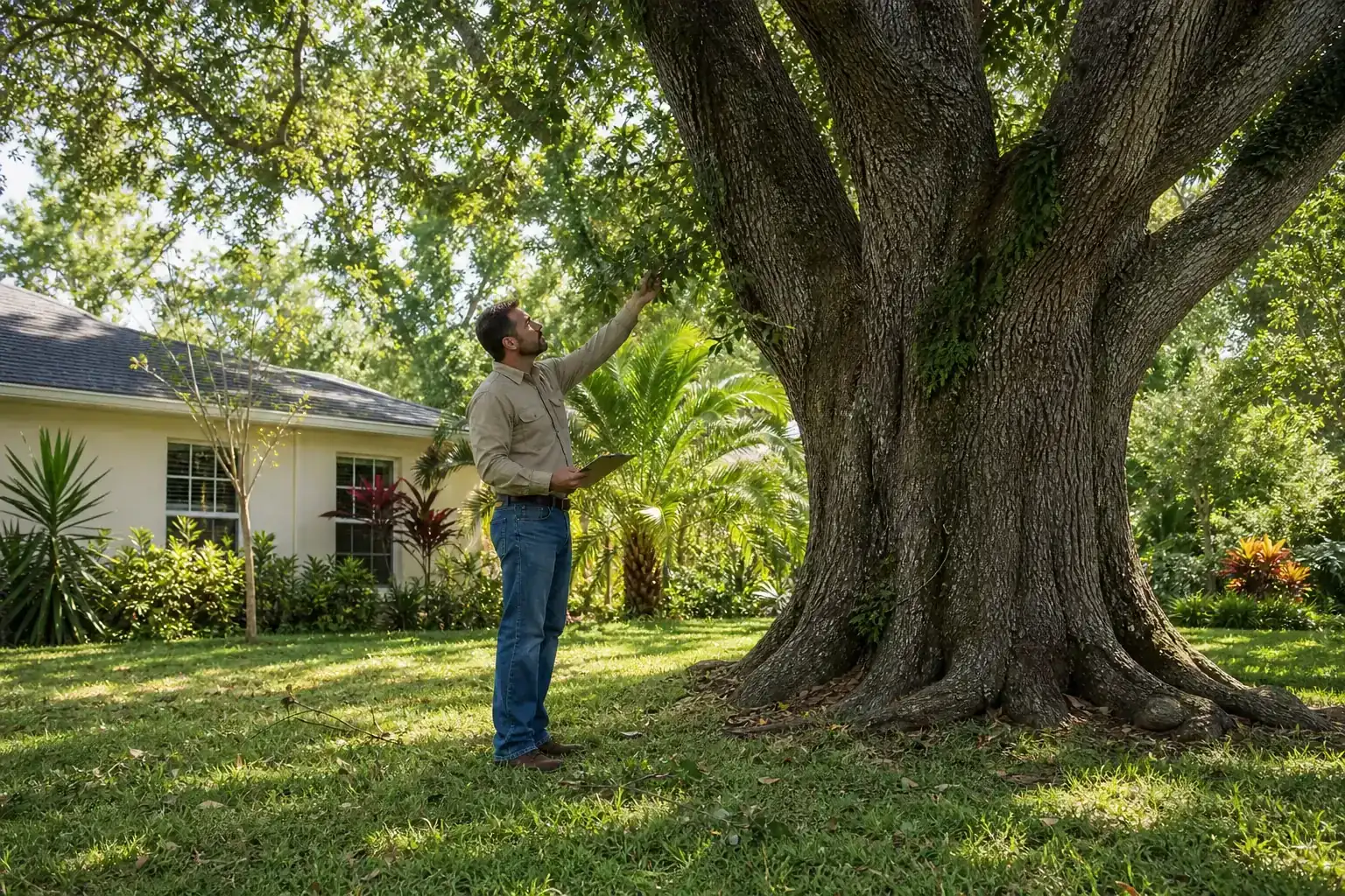 Tree care professional inspecting a mature shade tree during a discussion of importance of arborist reports for permits