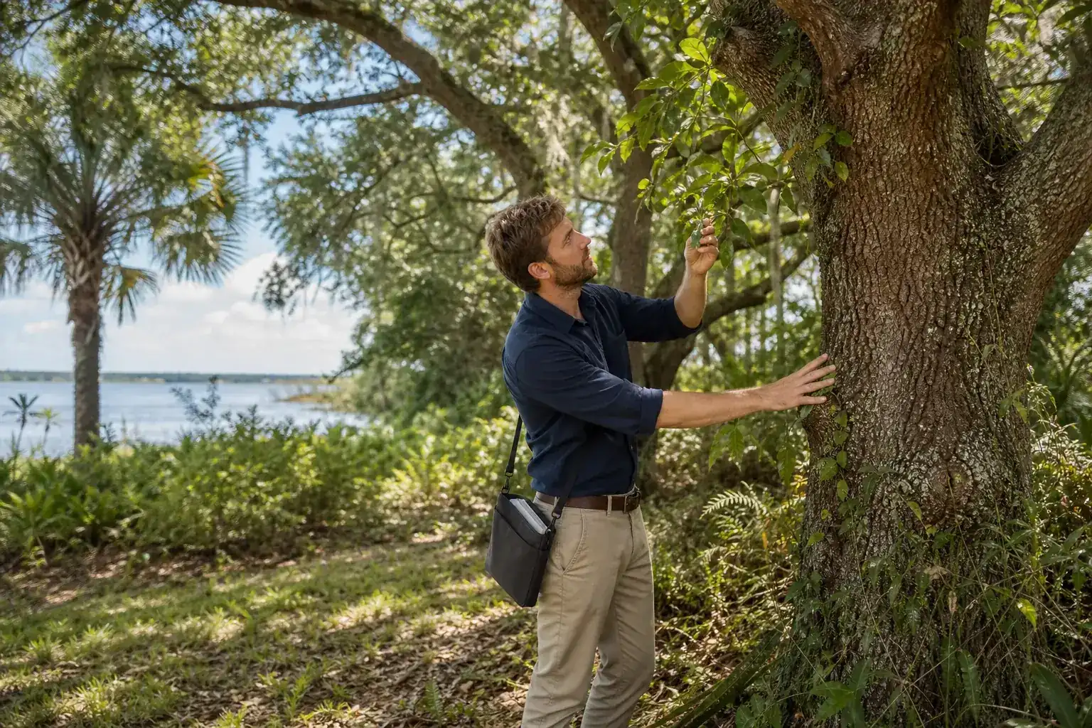 Tree care professional inspecting a mature shade tree for arborist reports ormond beach fl for permits Tree care professional inspecting a mature shade tree for arborist reports ormond beach fl for permits