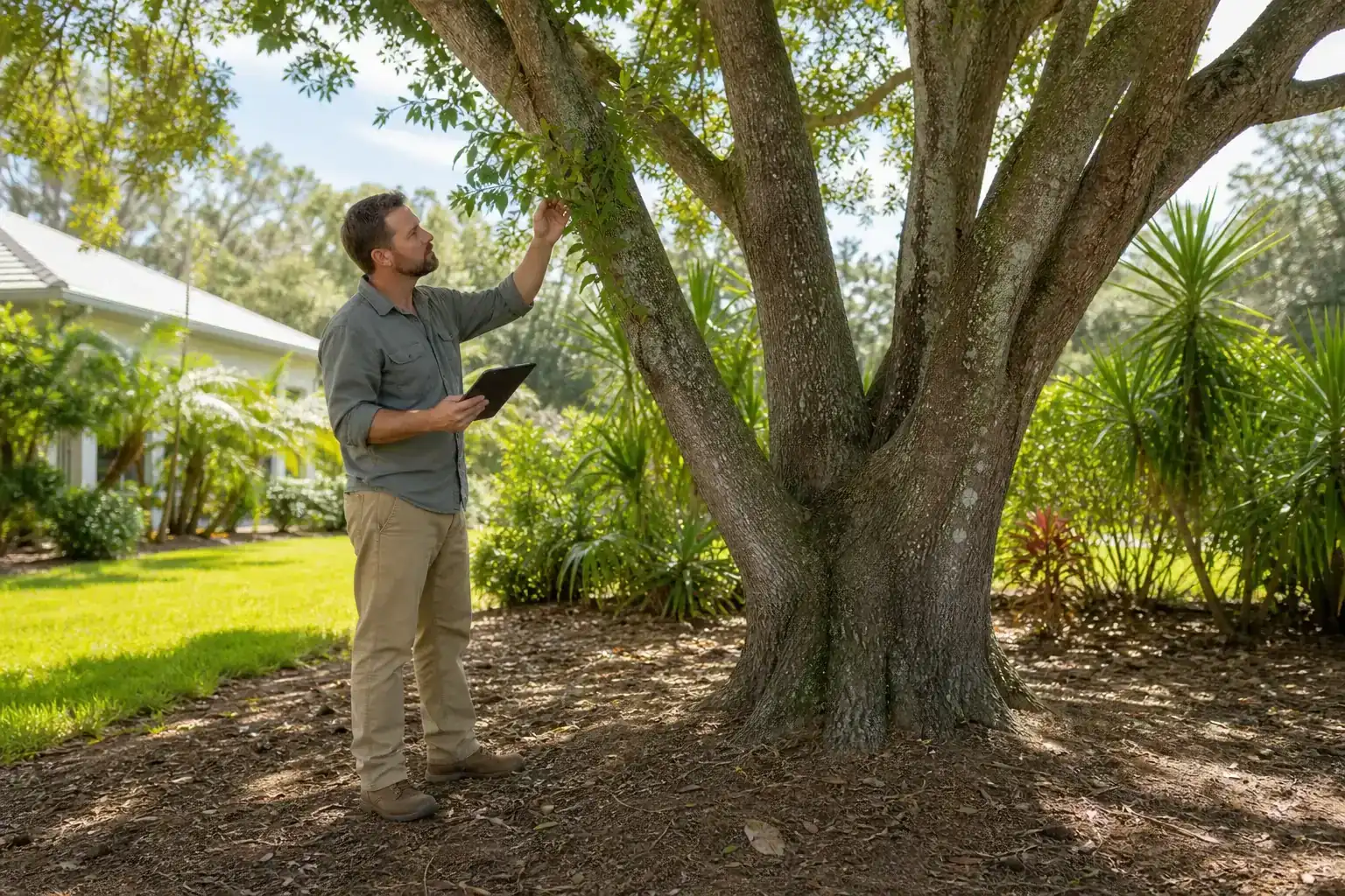 Tree care professional inspecting a mature shade tree during a discussion of importance of arborist reports in ormond beach Tree care professional inspecting a mature shade tree during a discussion of importance of arborist reports in ormond beach