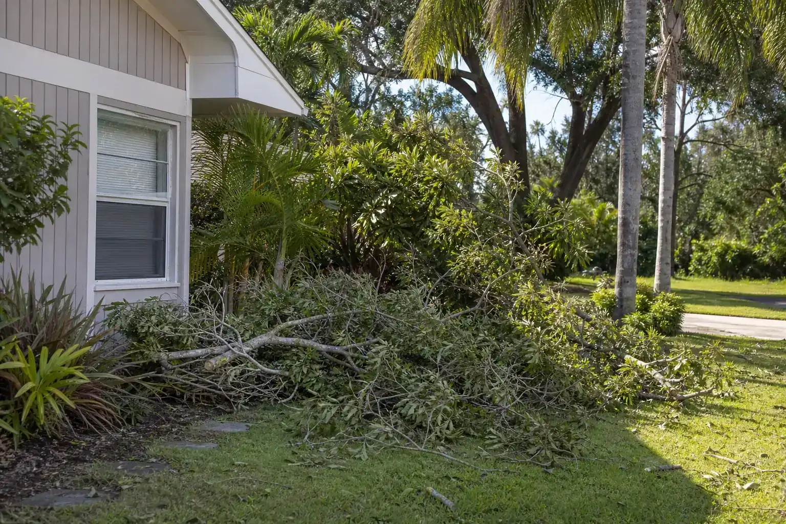 Storm-damaged branches beside a Florida home illustrating storm debris challenges in daytona beach, fl