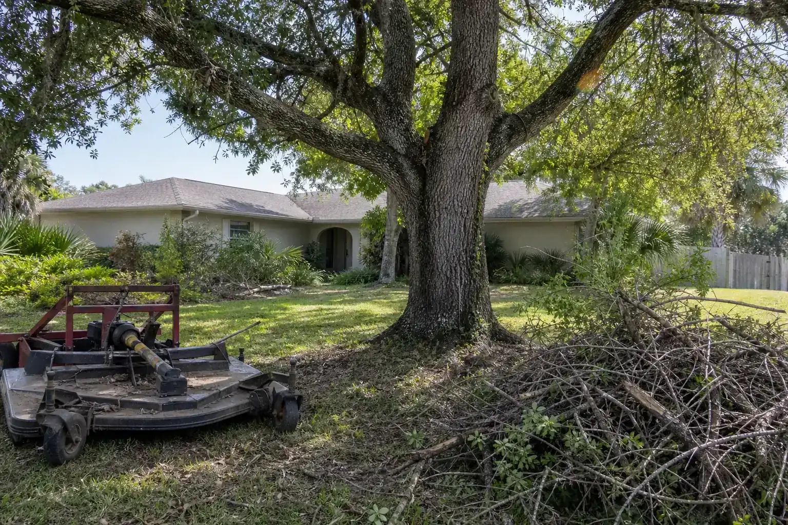 Mature Florida tree in a residential yard illustrating understanding brush hogging for overgrown fields Mature Florida tree in a residential yard illustrating understanding brush hogging for overgrown fields
