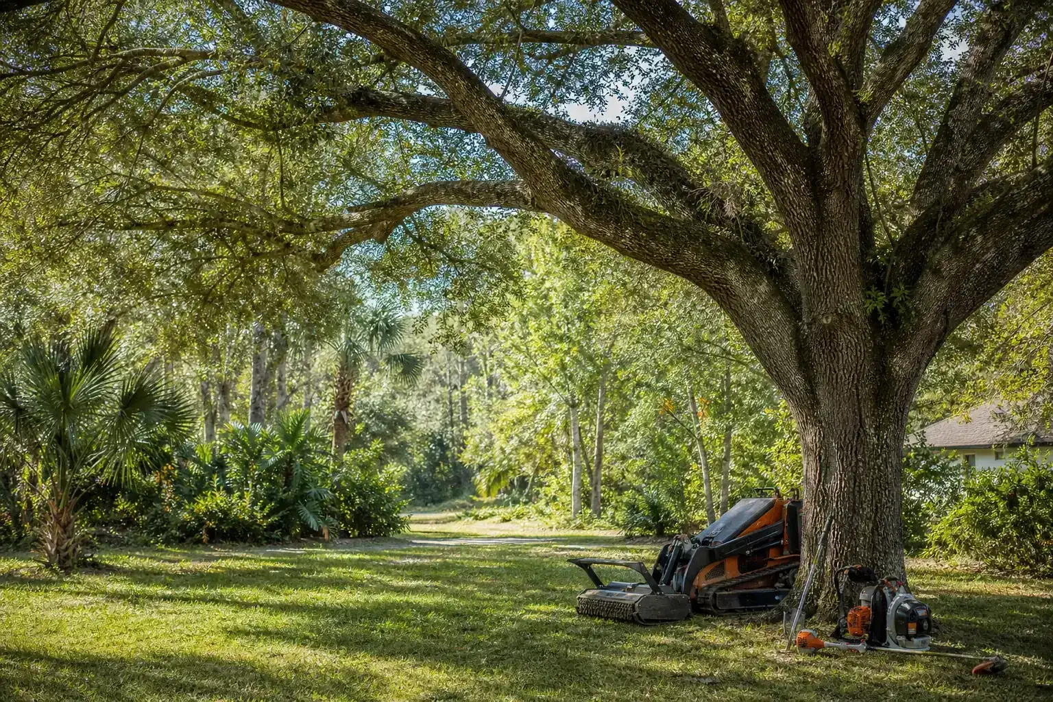 Mature Florida tree in a residential yard for brush hogging for overgrown trails in deland