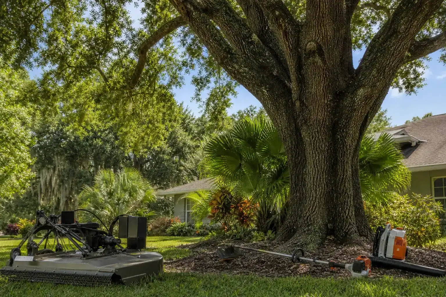 Mature Florida tree in a residential yard illustrating understanding brush hogging and its importance