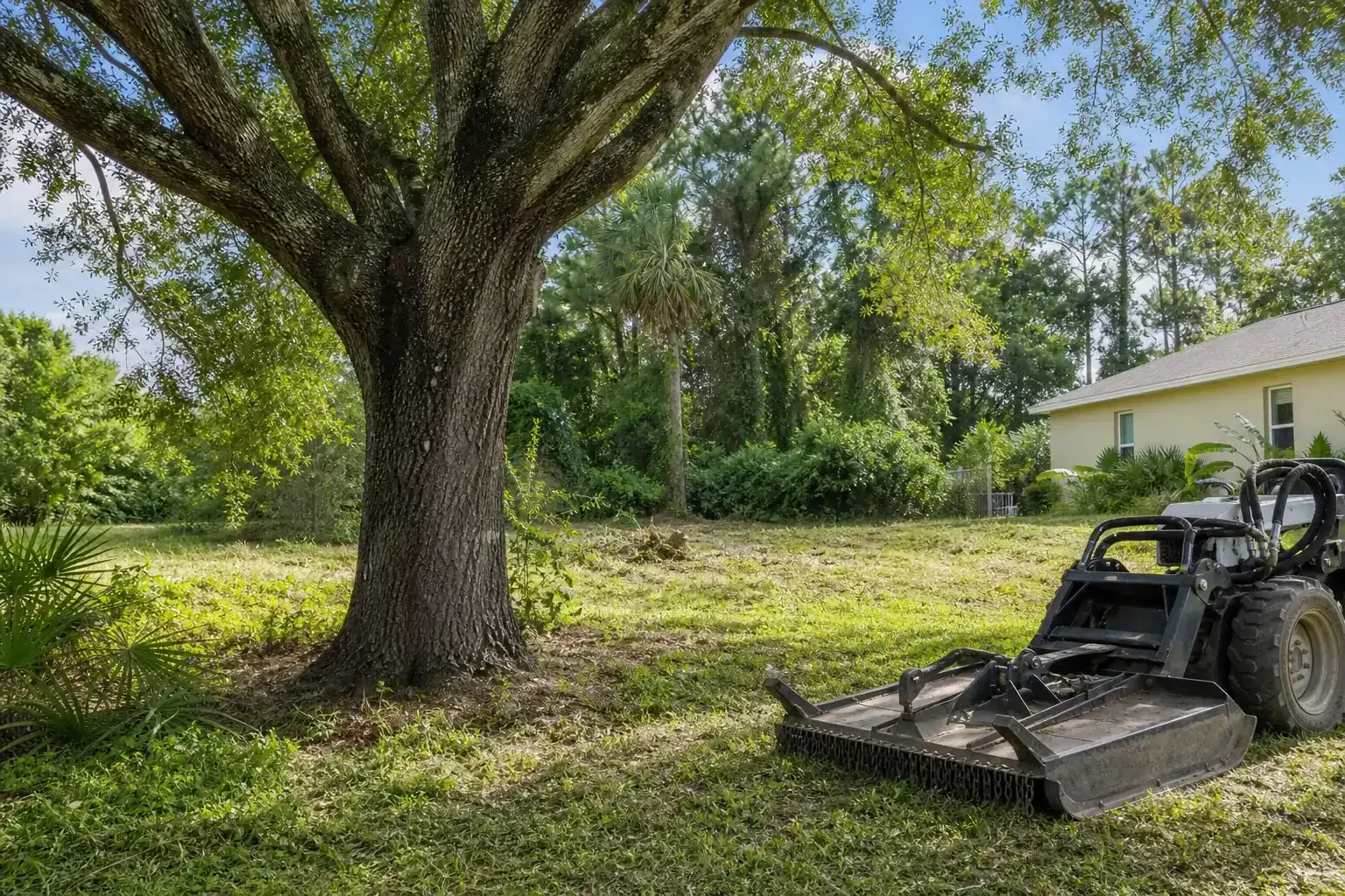 Mature Florida tree in a residential yard illustrating understanding brush hogging for vacant lots