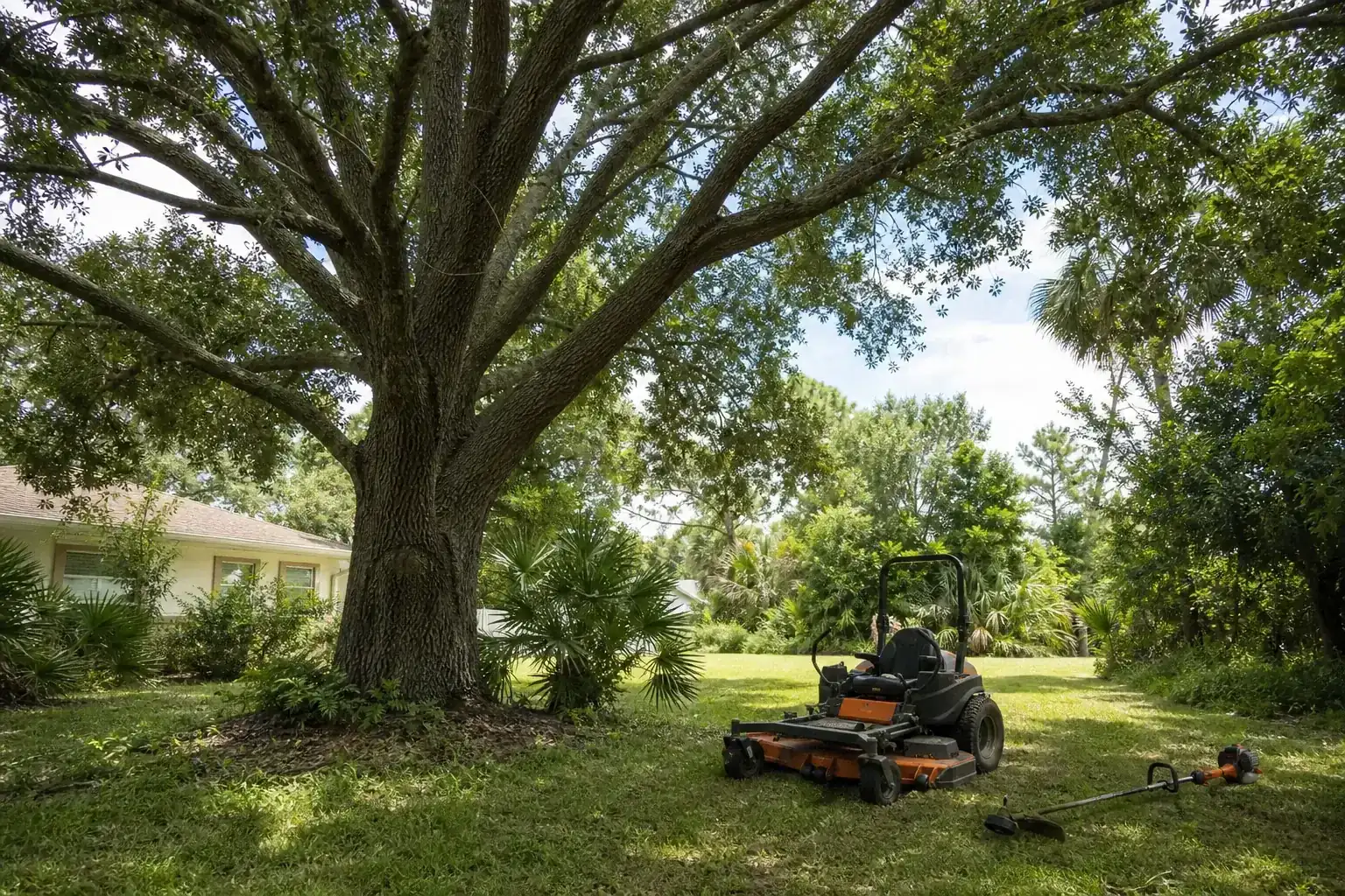 Mature Florida tree in a residential yard during a discussion of what is brush hogging?