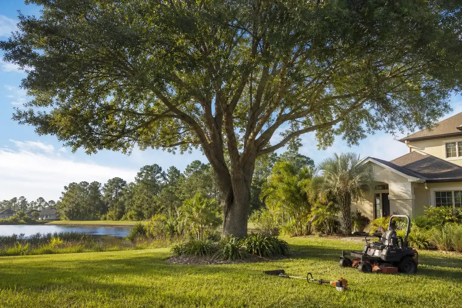 Mature Florida tree in a residential yard for a practical guide to brush hogging retention pond banks Mature Florida tree in a residential yard for a practical guide to brush hogging retention pond banks