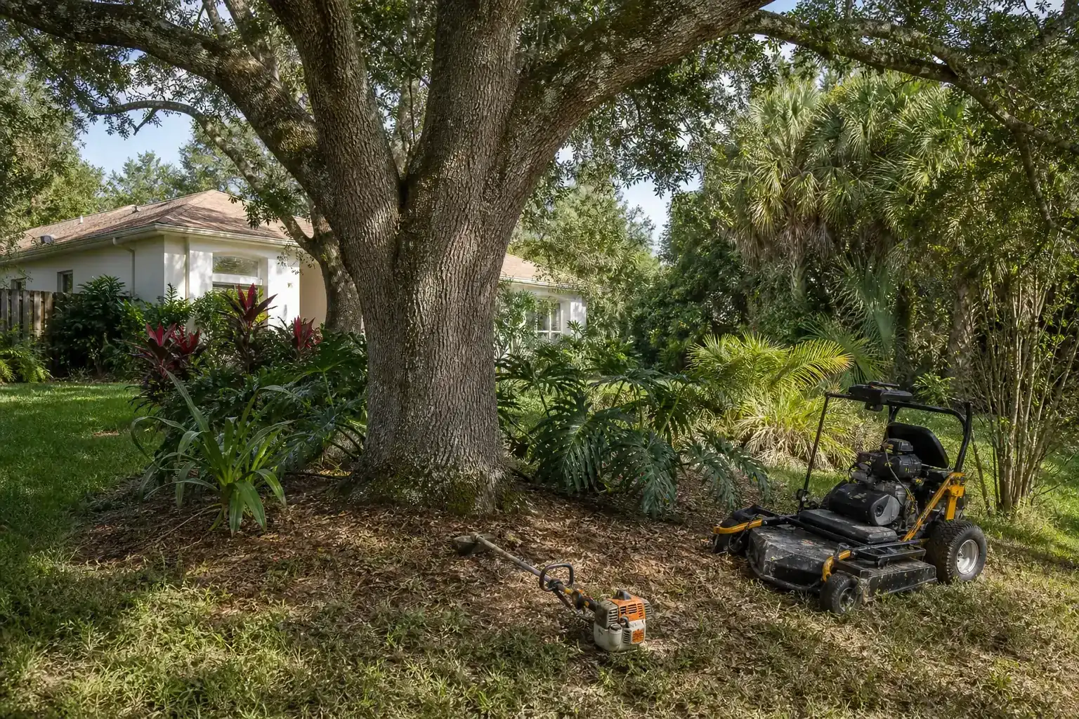 Mature Florida tree in a residential yard illustrating why retention pond banks become overgrown Mature Florida tree in a residential yard illustrating why retention pond banks become overgrown