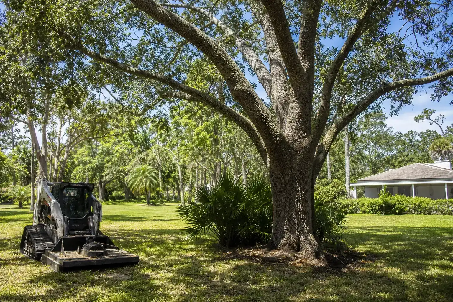 Mature Florida tree in a residential yard during a discussion of benefits of bush hogging for large areas in oak hill, fl