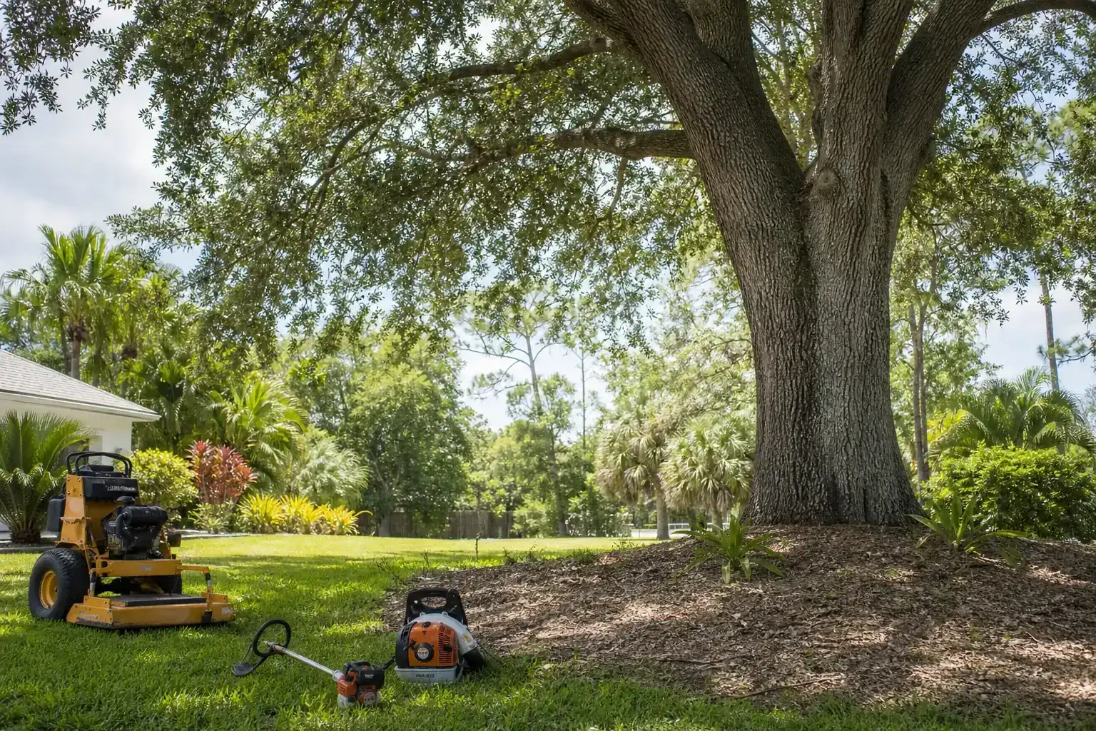 Mature Florida tree in a residential yard illustrating introduction to bush hogging services in oak hill, fl