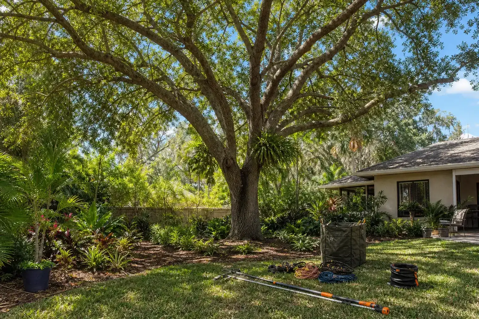 Mature Florida tree in a residential yard for a practical guide to canopy thinning for courtyard trees Mature Florida tree in a residential yard for a practical guide to canopy thinning for courtyard trees