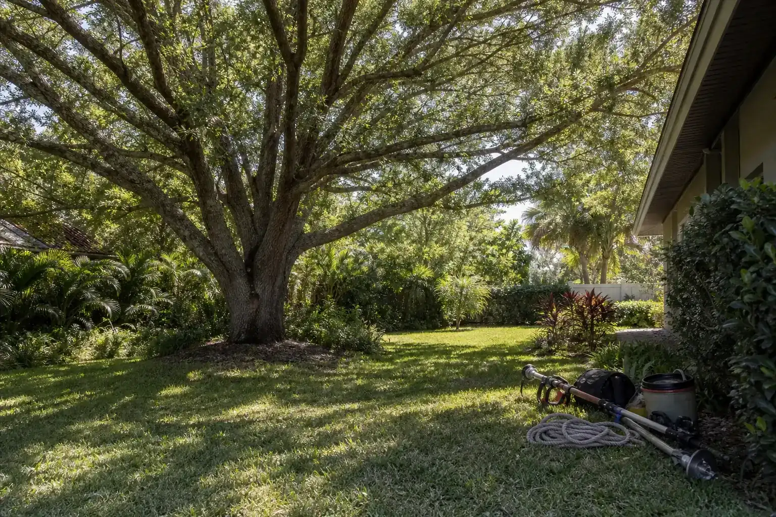 Mature Florida tree in a residential yard during a discussion of why courtyard trees need a site-specific approach Mature Florida tree in a residential yard during a discussion of why courtyard trees need a site-specific approach