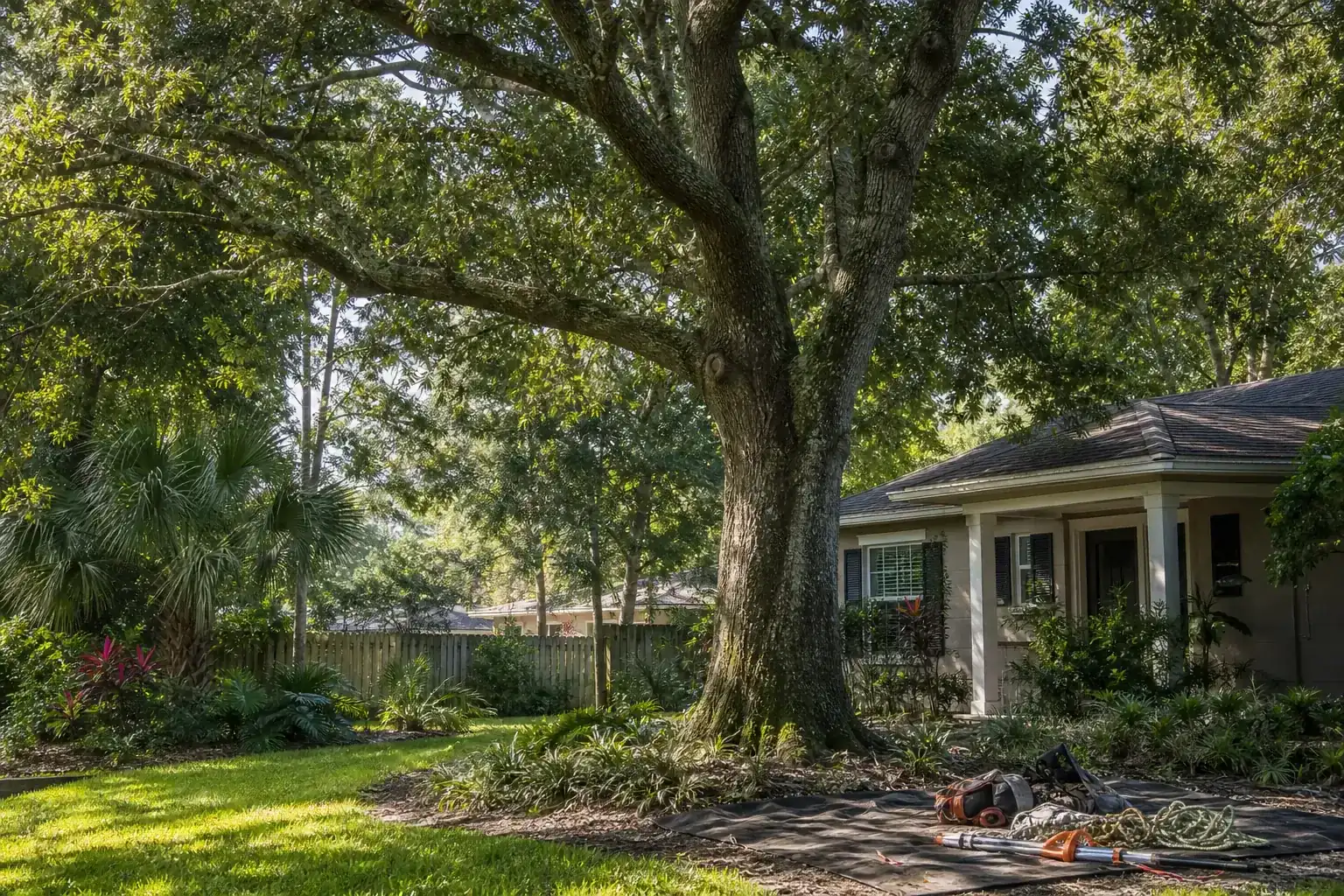 Mature Florida tree in a residential yard during a discussion of what is canopy thinning?
