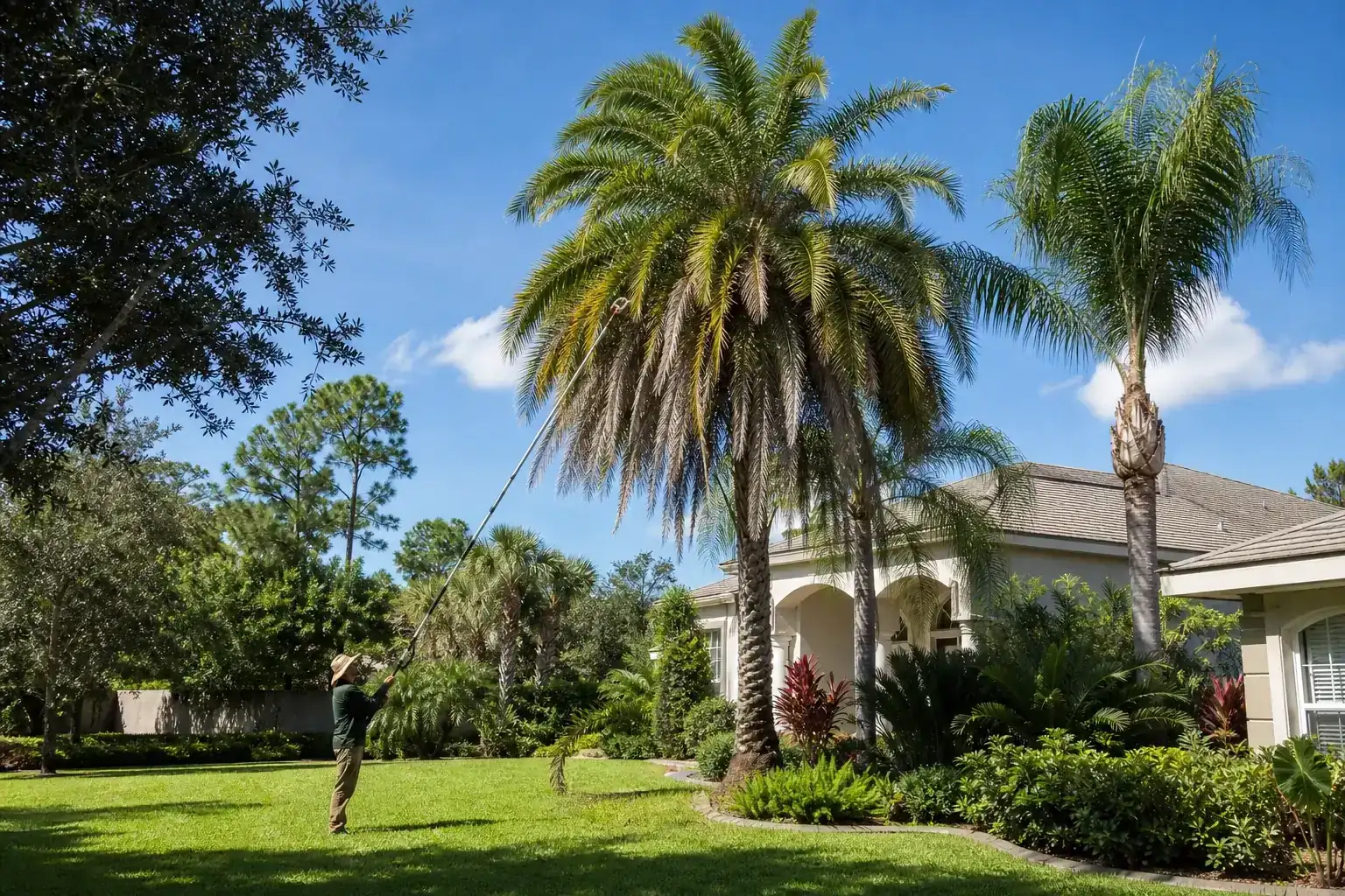 Palm trees in a Central Florida yard for canopy thinning for light improvement in palm coast Palm trees in a Central Florida yard for canopy thinning for light improvement in palm coast