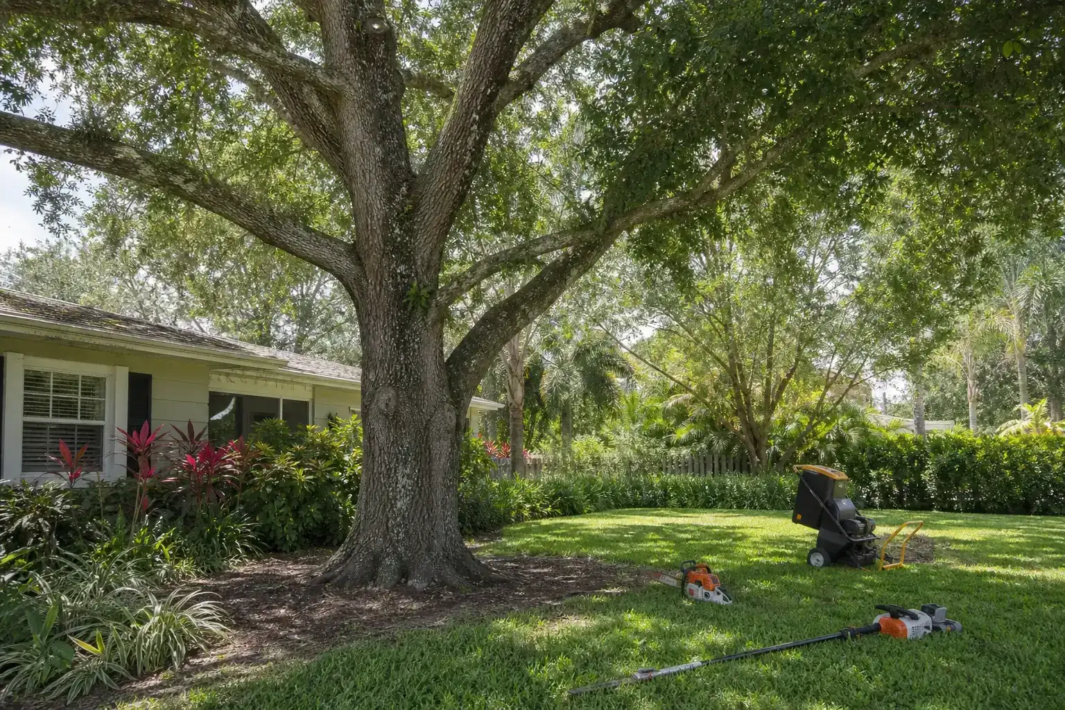 Mature Florida tree in a residential yard illustrating understanding canopy thinning for sun exposure