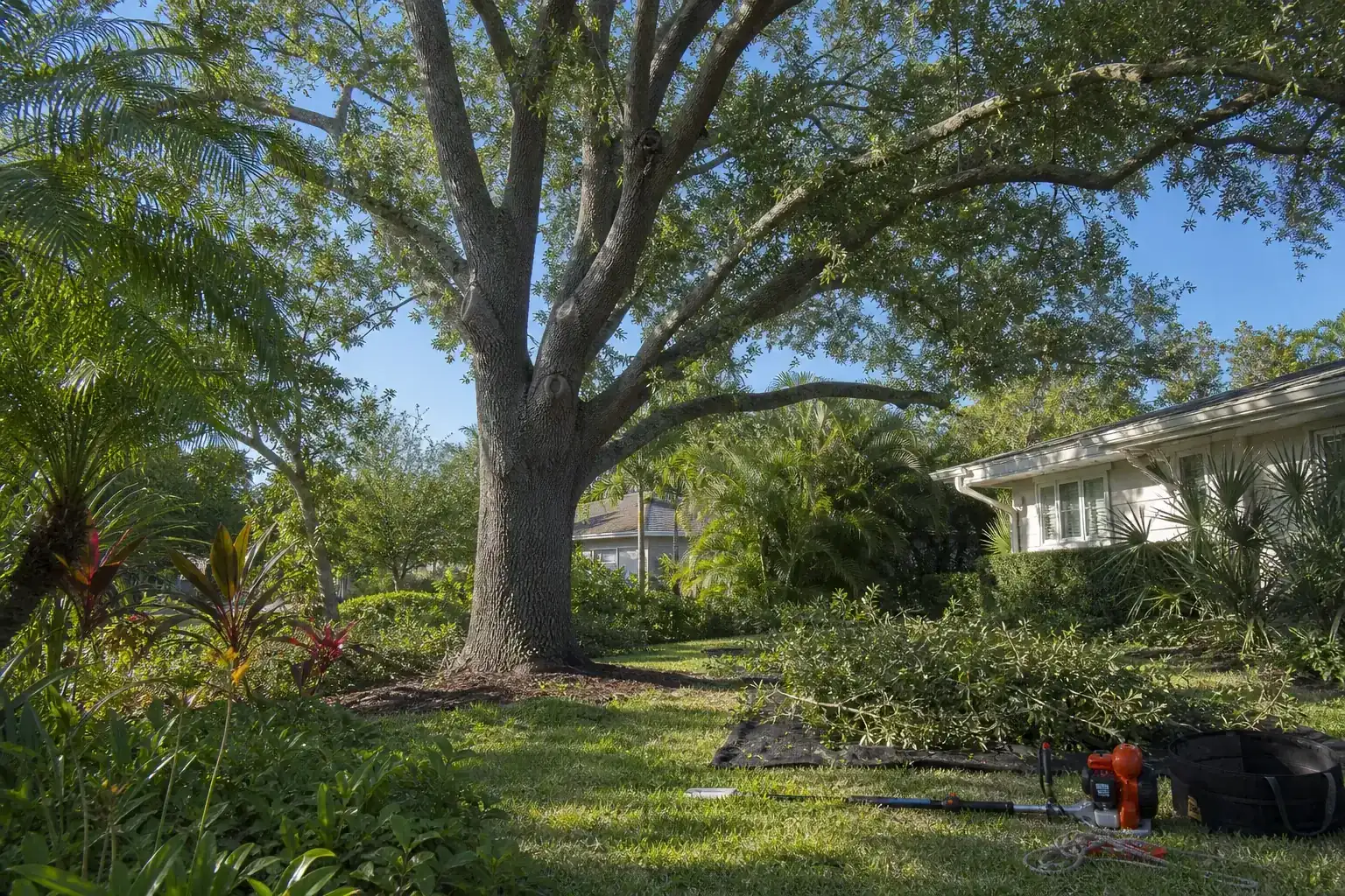 Mature Florida tree in a residential yard during a discussion of how selective thinning affects wind movement Mature Florida tree in a residential yard during a discussion of how selective thinning affects wind movement
