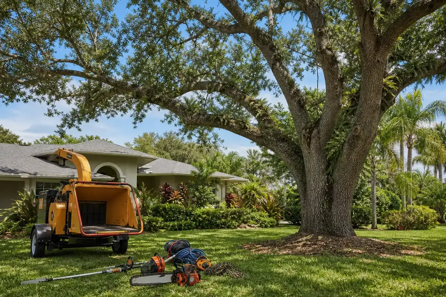 Mature Florida tree in a residential yard illustrating overview of commercial tree services in daytona beach Mature Florida tree in a residential yard illustrating overview of commercial tree services in daytona beach