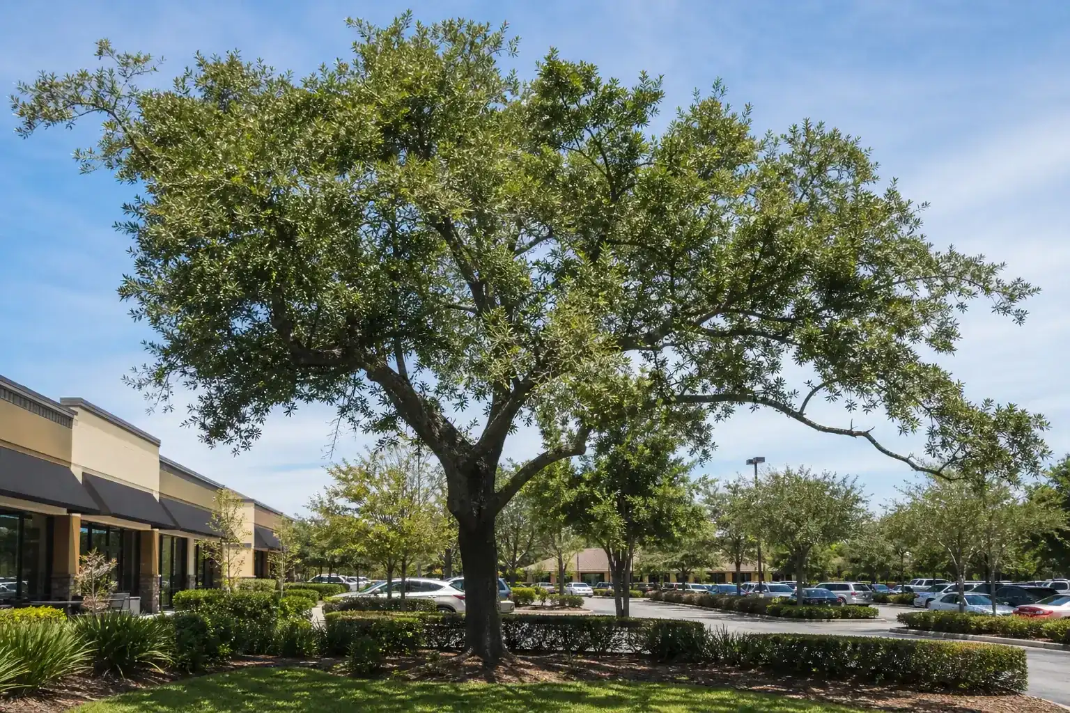Mature Florida shade tree with branches ready for trimming illustrating why tree trimming matters for shopping centers Mature Florida shade tree with branches ready for trimming illustrating why tree trimming matters for shopping centers