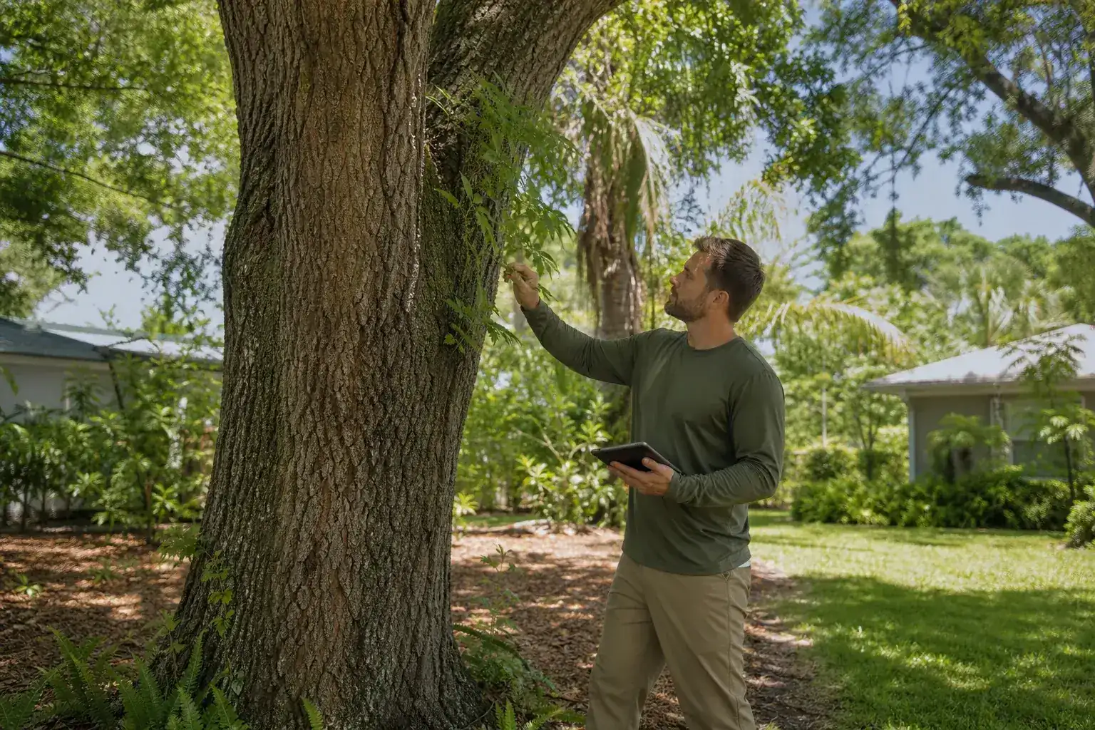 Tree care professional inspecting a mature shade tree during a discussion of benefits of hiring expert arborists in central fl