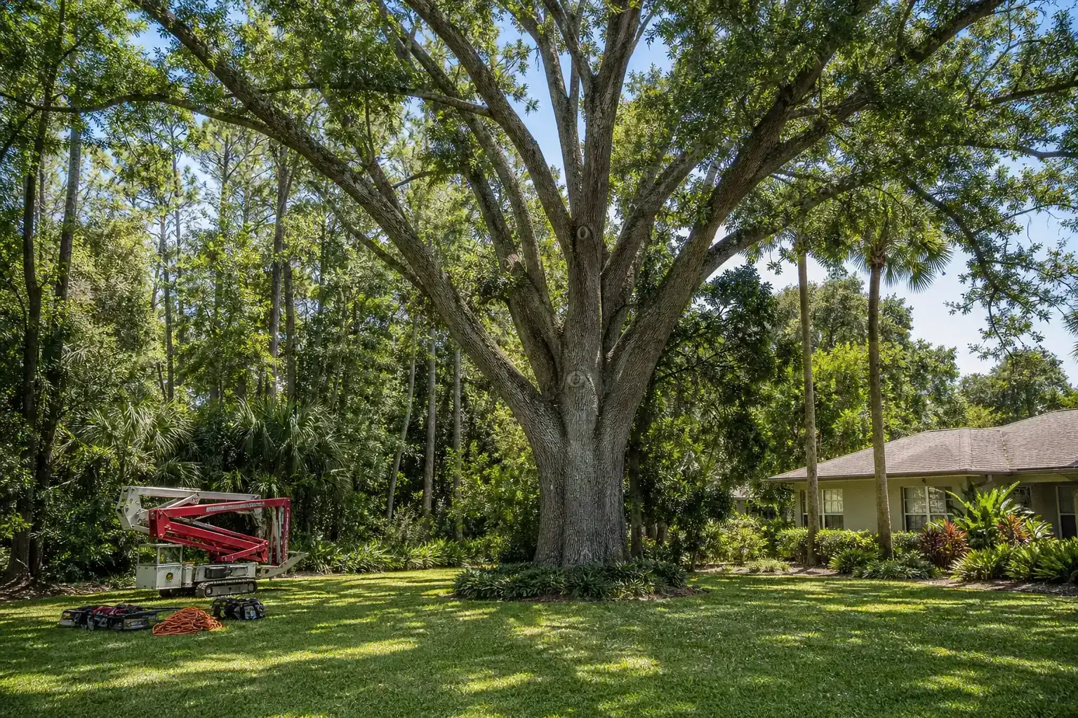 Mature Florida tree in a residential yard for crane tree removal for tall pines in deland Mature Florida tree in a residential yard for crane tree removal for tall pines in deland