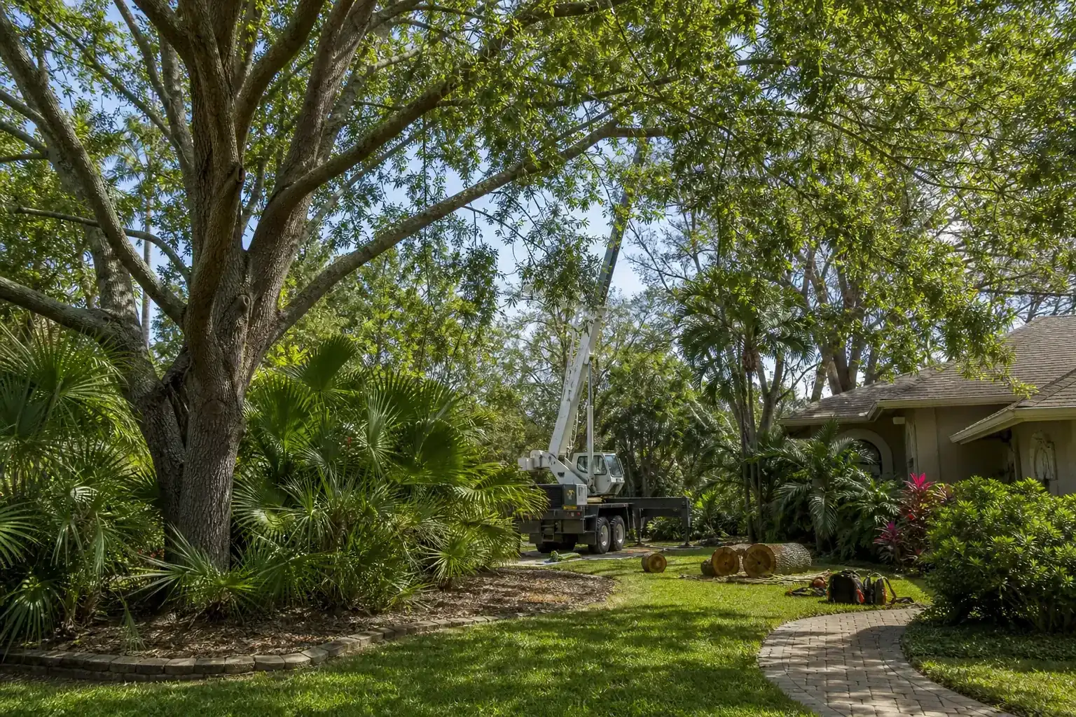 Mature Florida tree in a residential yard during a discussion of why use a crane for tall pine removal? Mature Florida tree in a residential yard during a discussion of why use a crane for tall pine removal?
