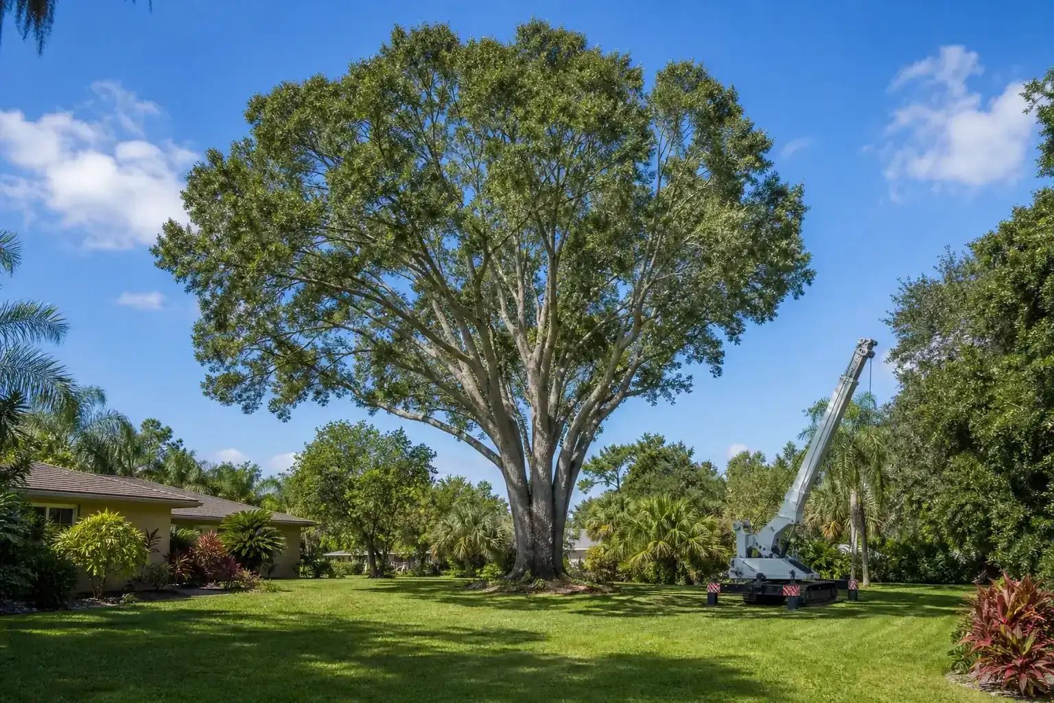 Mature Florida tree in a residential yard for crane tree removal for tight access in port orange