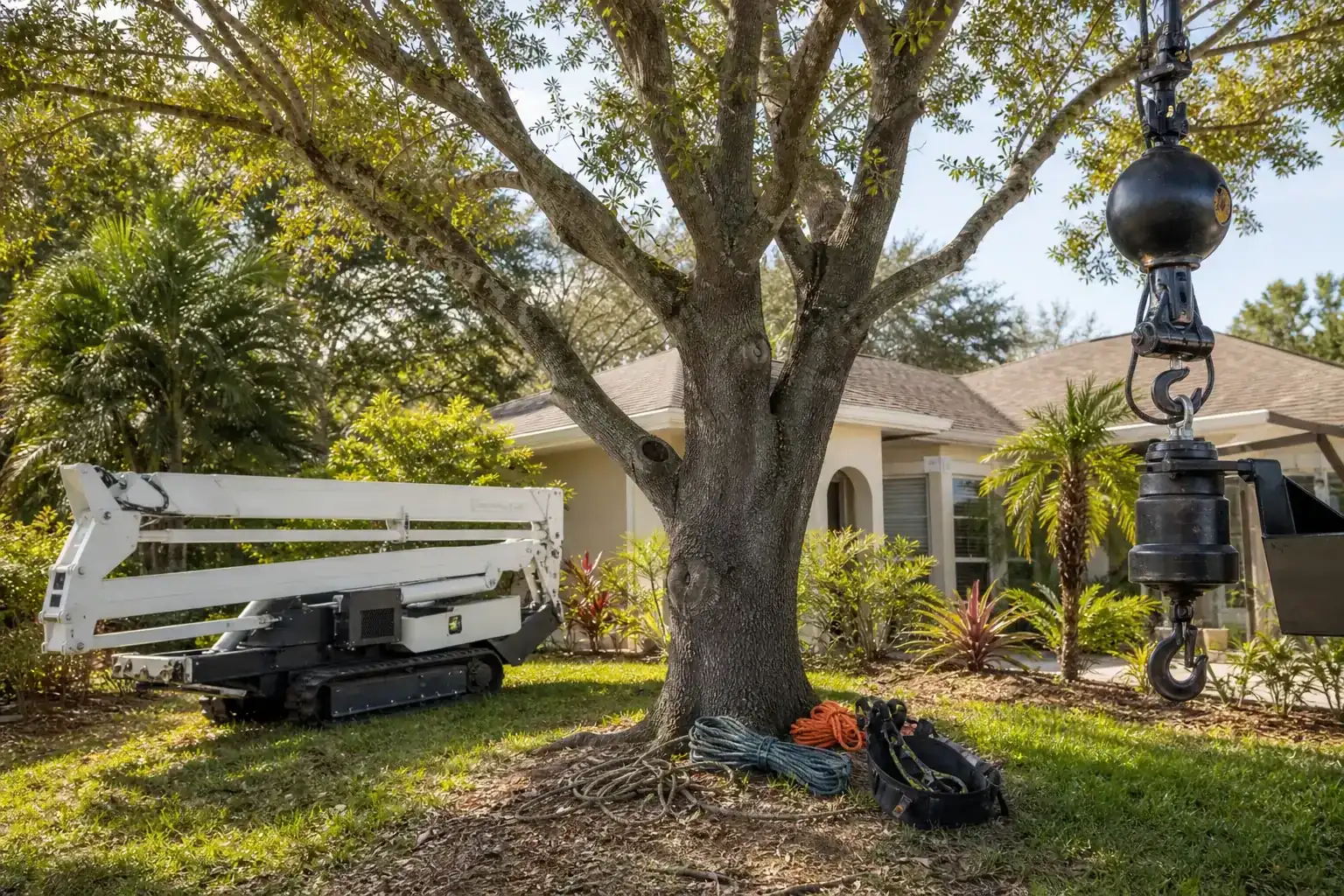Mature Florida tree in a residential yard illustrating understanding crane tree removal for tight access