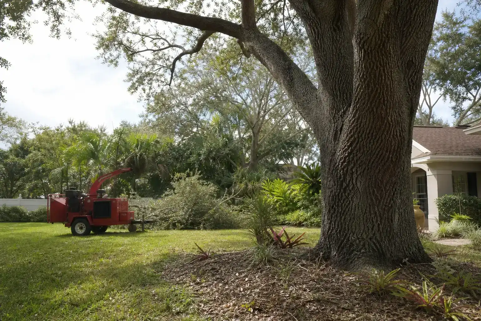 Mature Florida tree in a residential yard during a discussion of why tight access tree removal is different