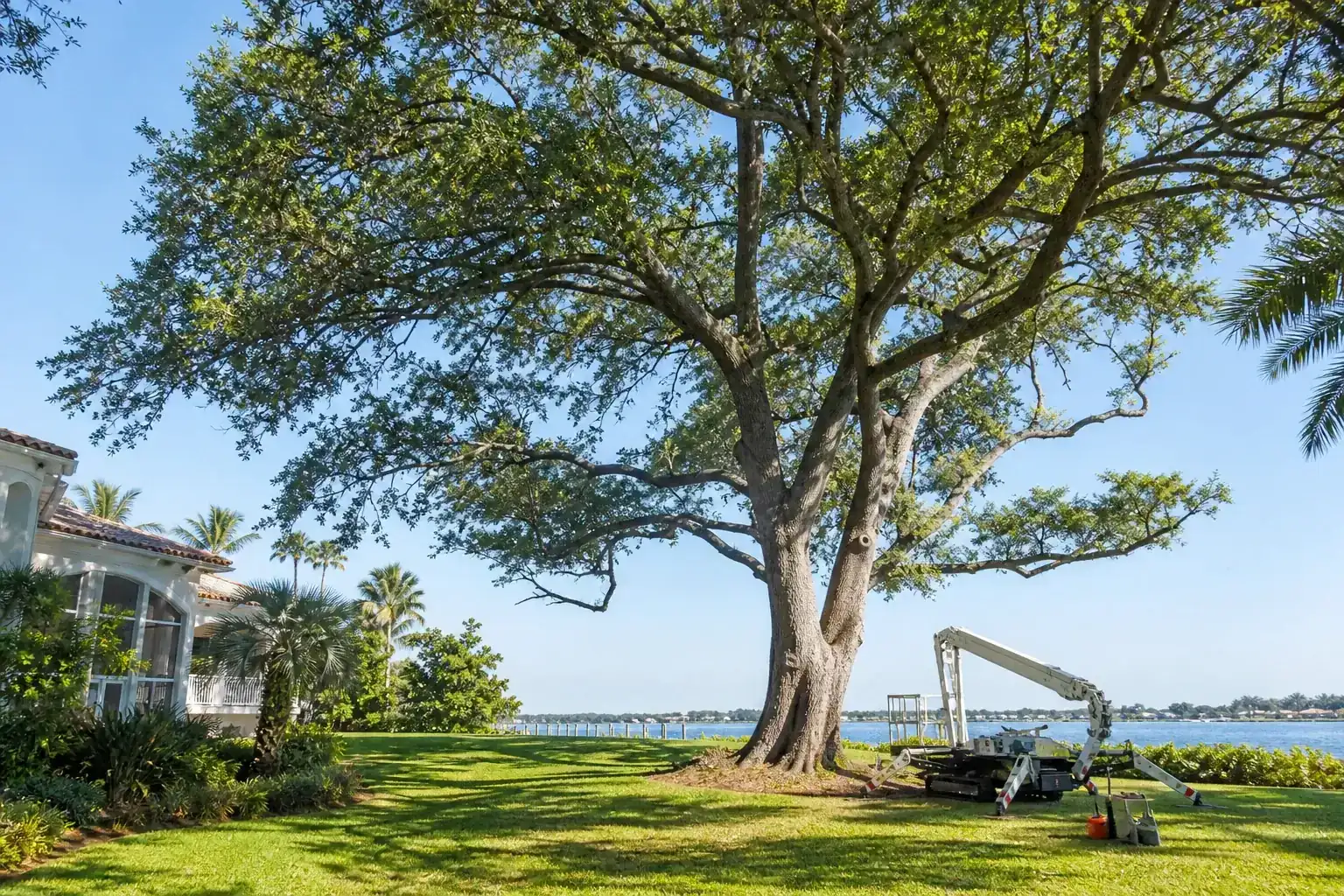 Mature Florida tree in a residential yard for crane tree removal near waterfront properties in florida Mature Florida tree in a residential yard for crane tree removal near waterfront properties in florida