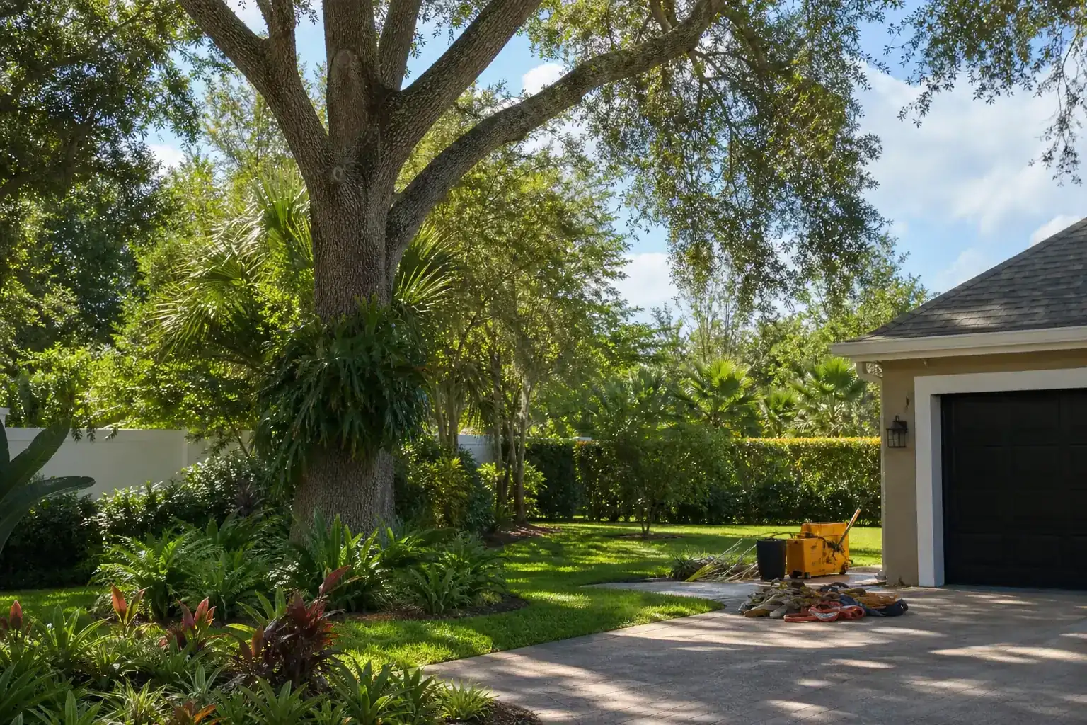 Mature Florida tree in a residential yard during a discussion of how the site is evaluated before removal