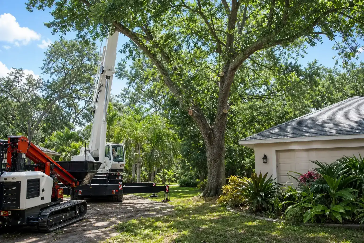 Mature Florida tree in a residential yard illustrating when a crane may be appropriate