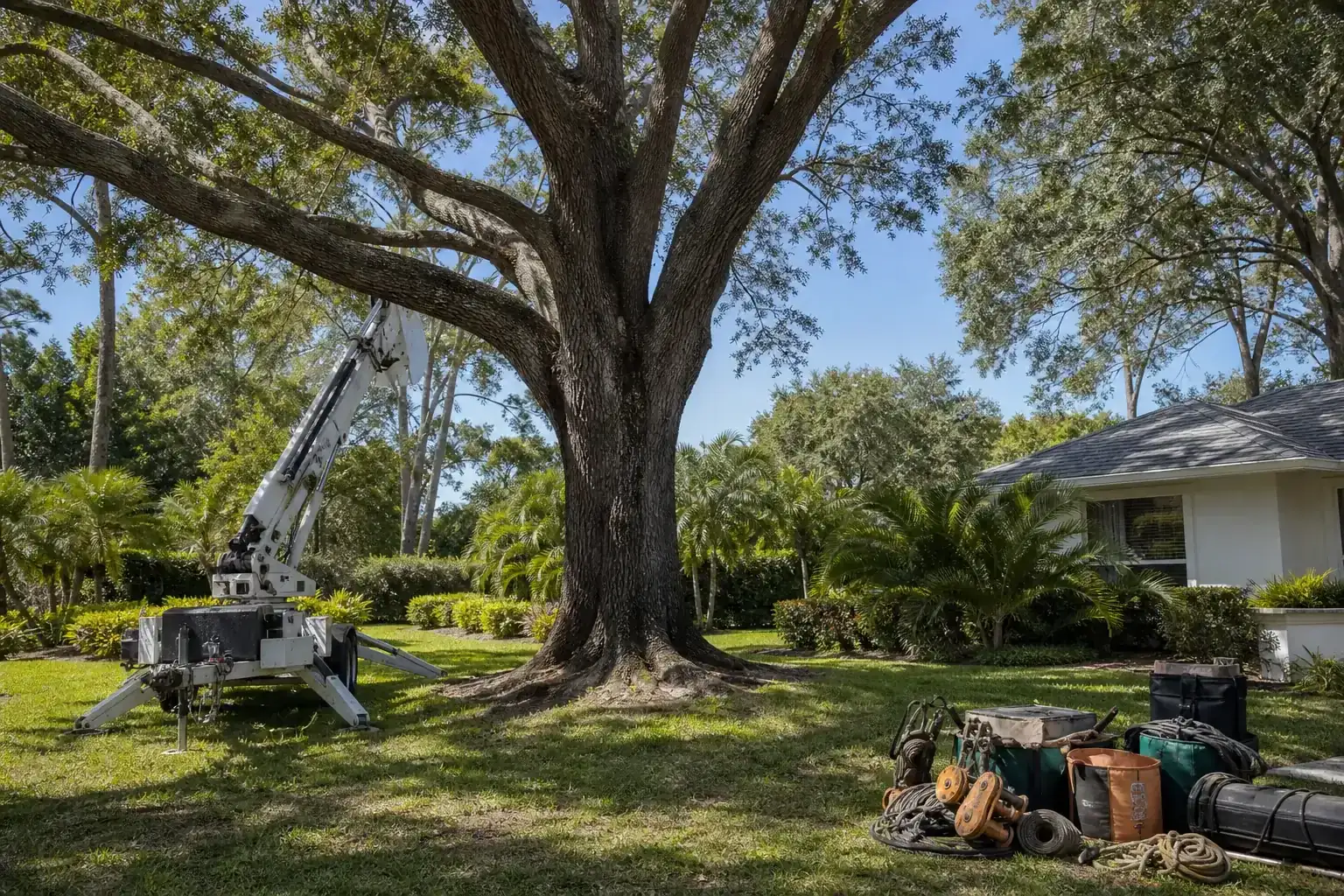 Mature Florida tree in a residential yard illustrating understanding crane tree removal services in seville, fl