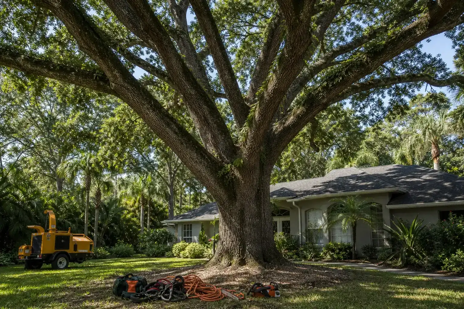 Mature Florida tree in a residential yard illustrating understanding crown reduction for large oaks