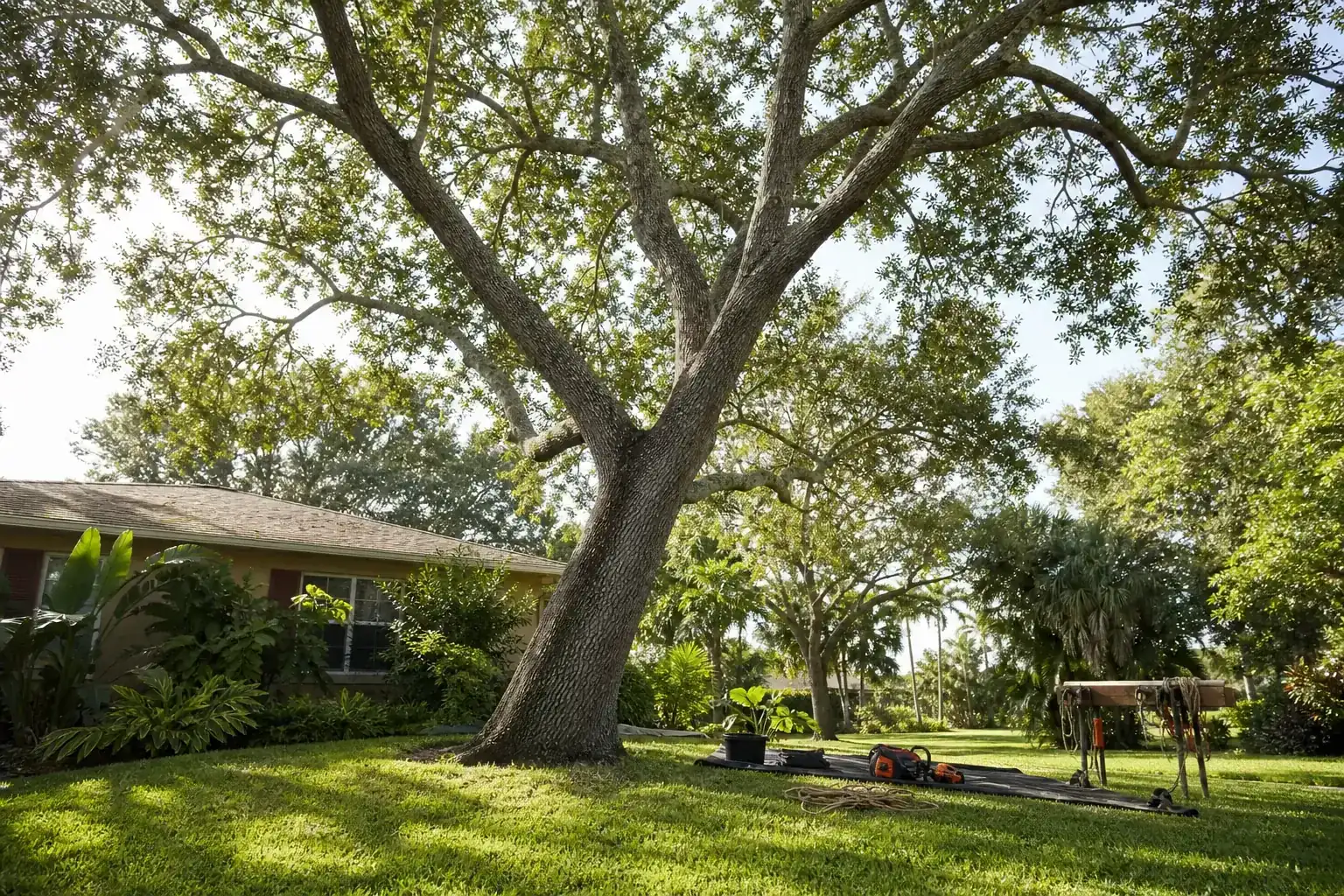 Mature Florida tree in a residential yard during a discussion of what crown reduction actually does