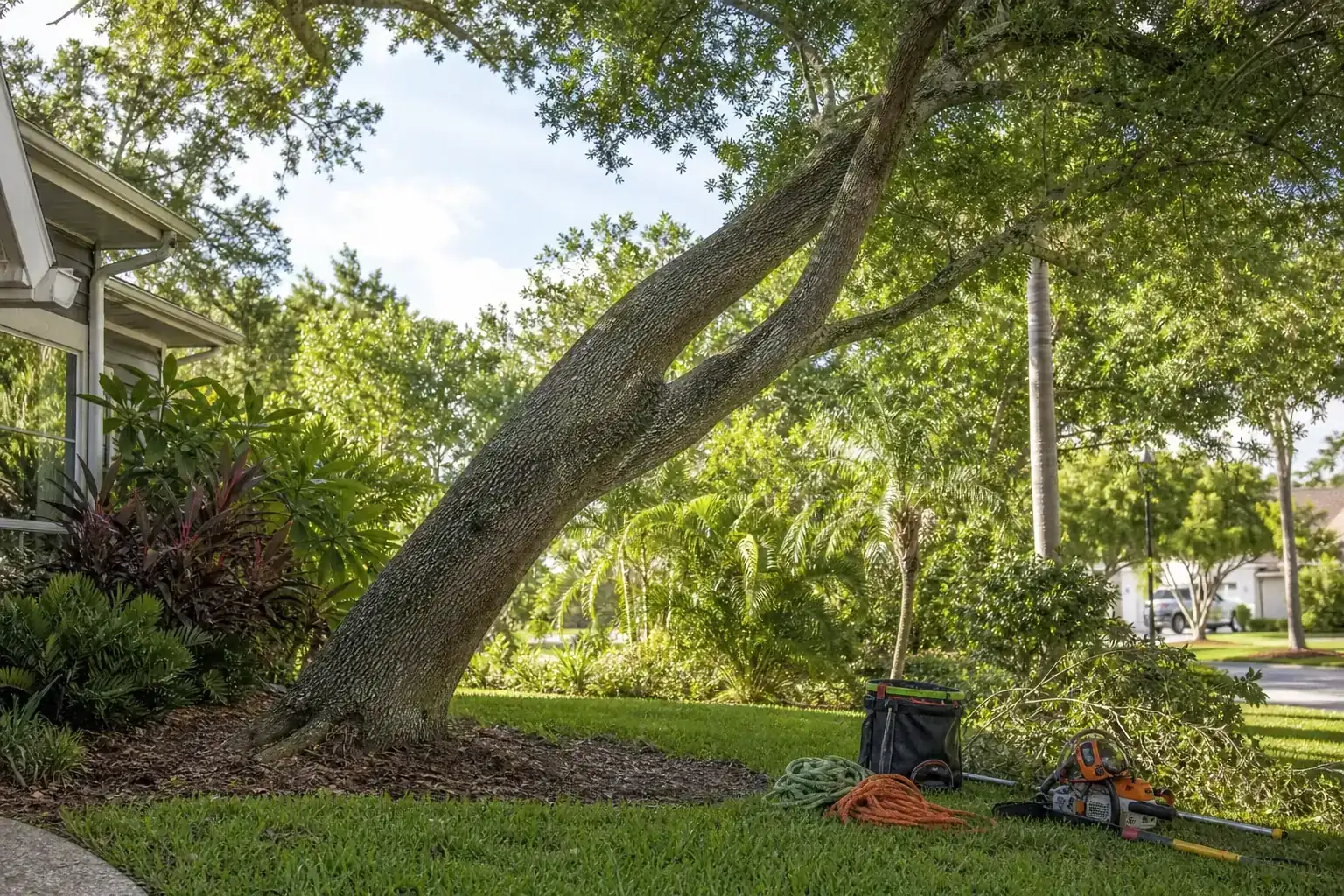 Mature Florida tree in a residential yard illustrating why trees lean in florida landscapes