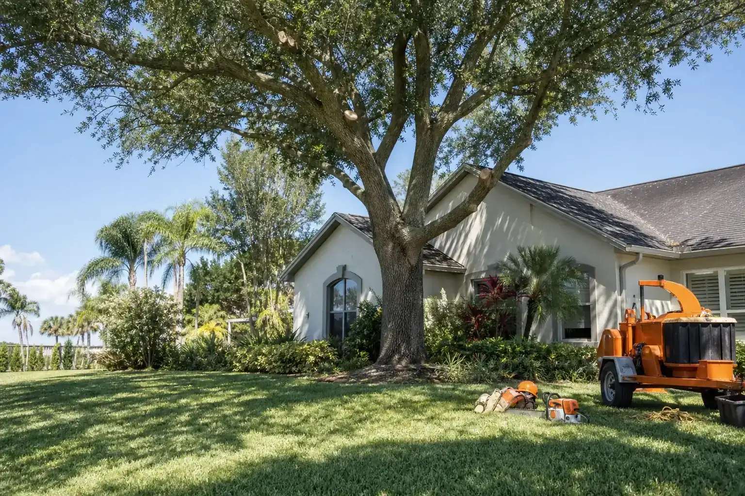 Mature Florida tree in a residential yard for crown reduction for roof clearance in daytona beach