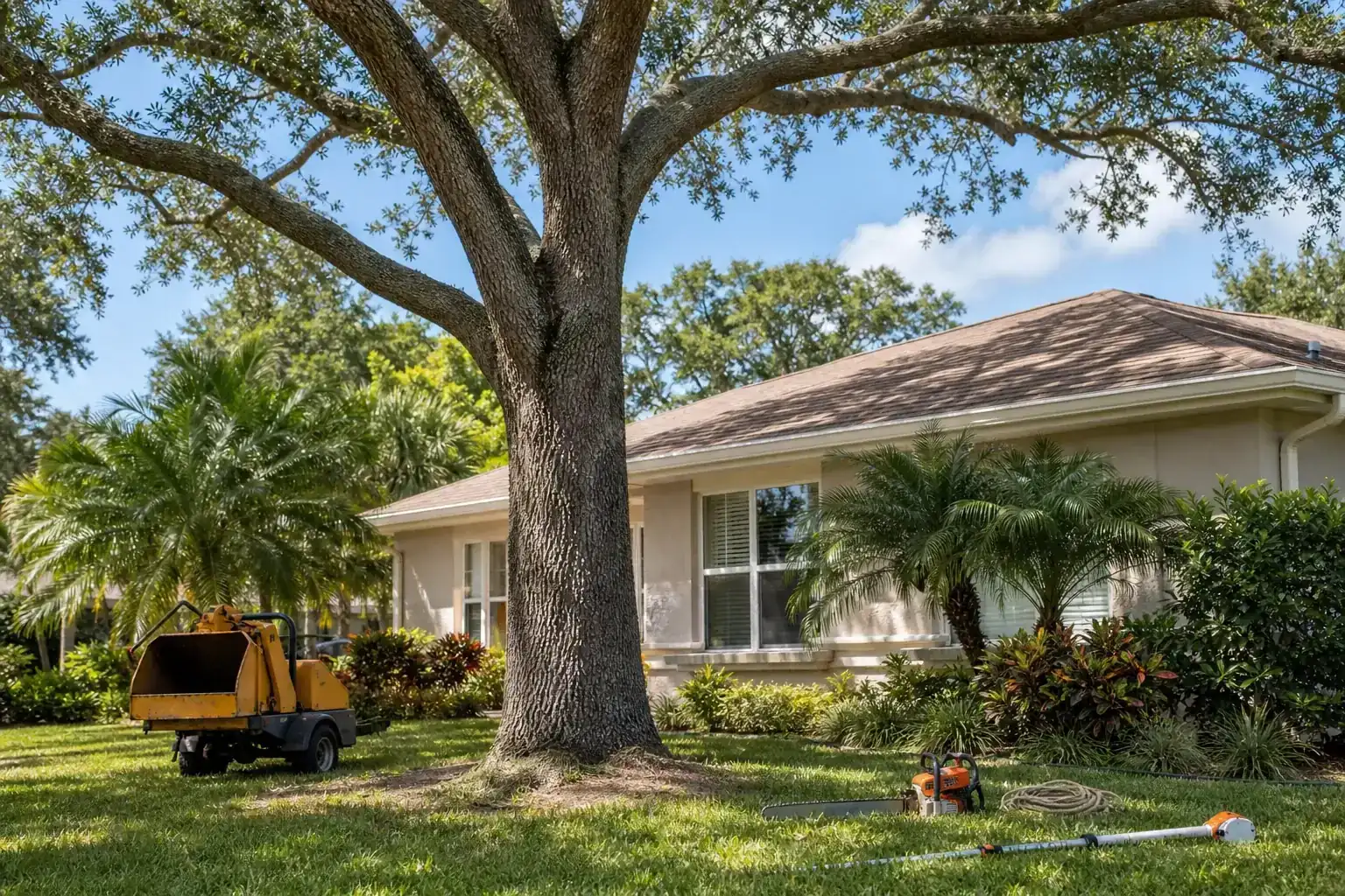 Mature Florida tree in a residential yard illustrating understanding crown reduction for roof clearance