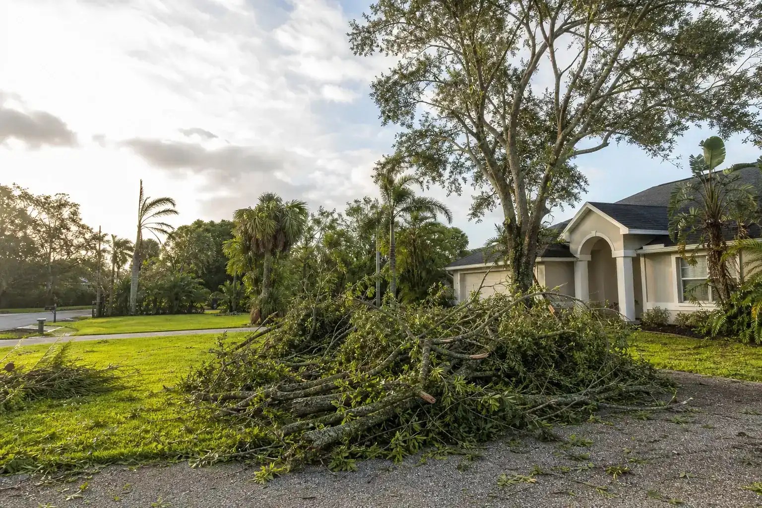 Storm-damaged branches beside a Florida home for crown reduction for storm safety in new smyrna beach